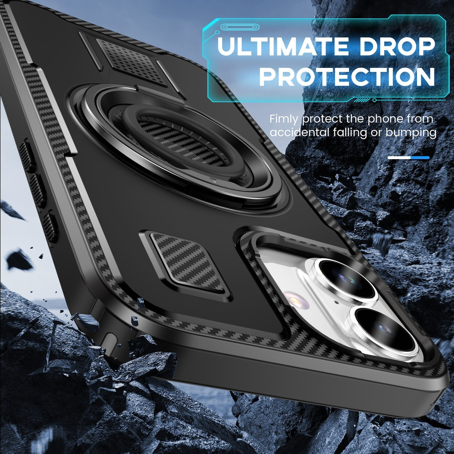Funda negra para teléfono, con un soporte de anillo, que muestra protección contra impactos y un diseño texturizado.