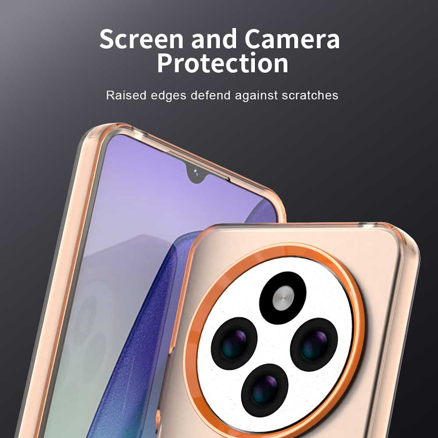 Telefon mit Hülle, Kameradetail, mit goldenem Rahmen, auf dunklem Hintergrund, mit Textüberlagerung und Bildschirmschutz.