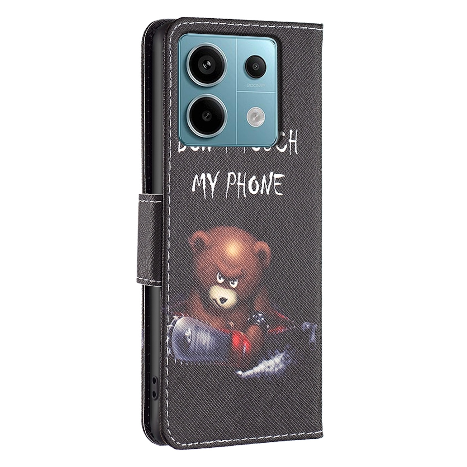 Funda de teléfono negra con un oso de peluche de dibujos animados y texto: NO TOQUES MI TELÉFONO.
