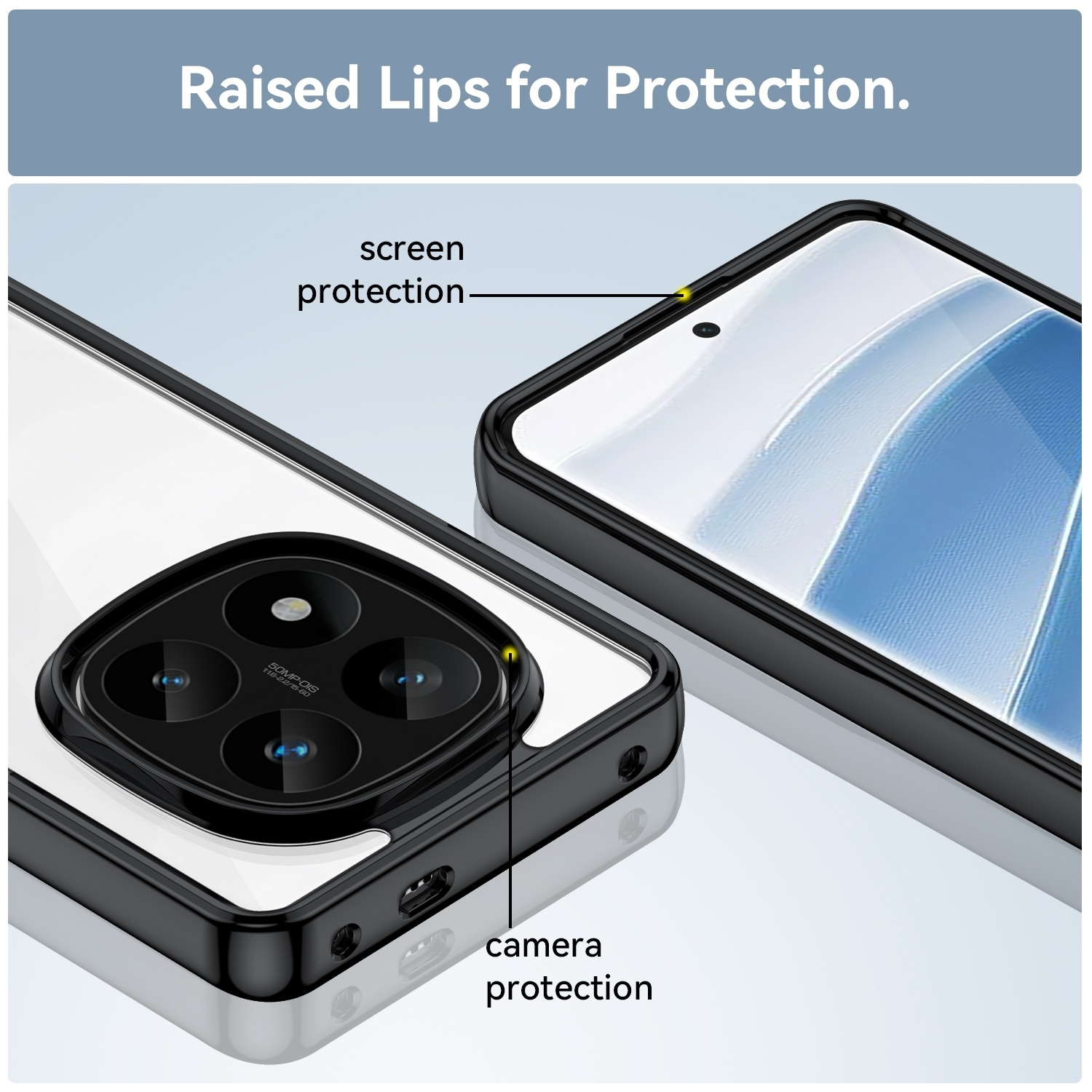 Funda de teléfono con bordes elevados para protección. Primer plano. Fondo blanco. Texto sobre protección de cámara y pantalla.