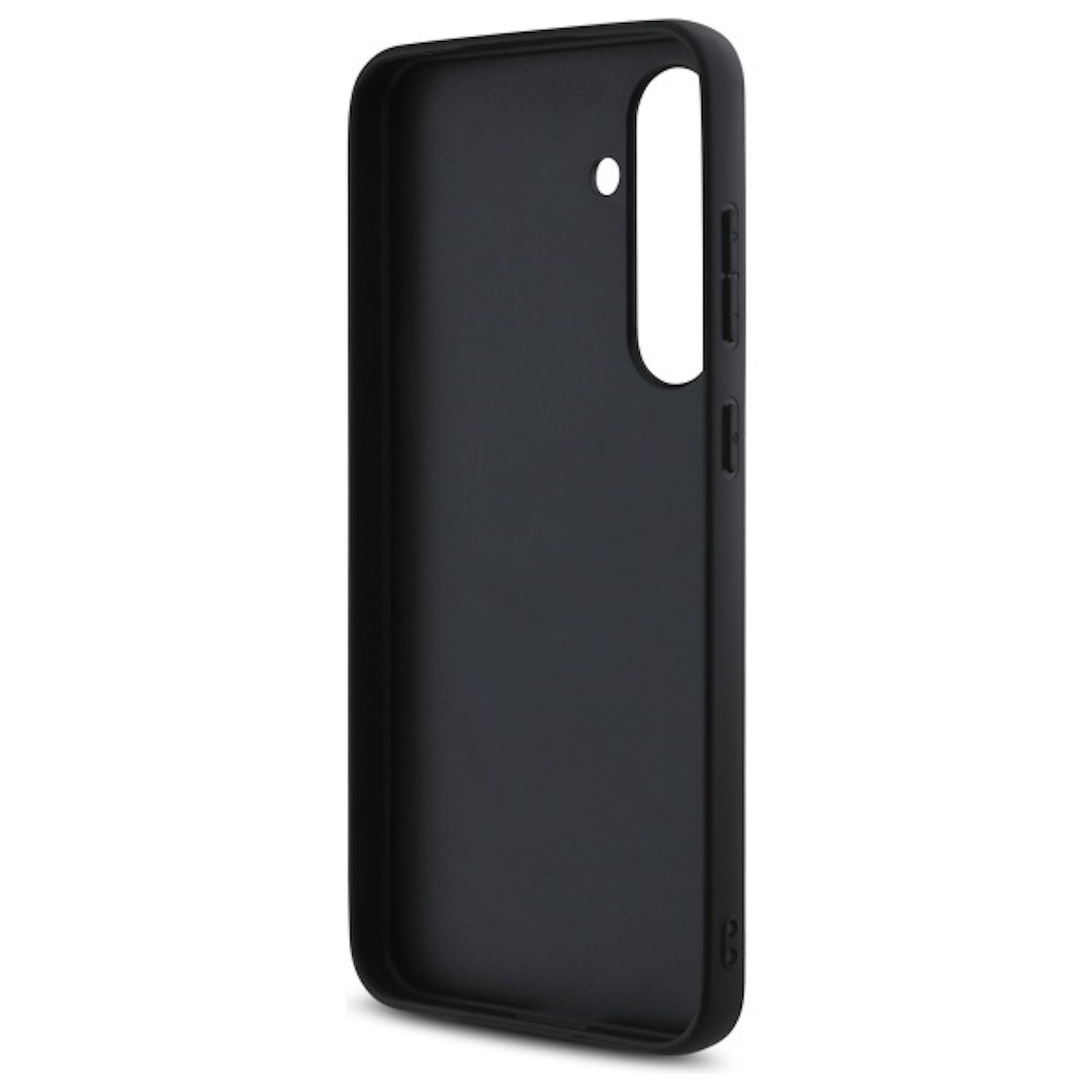 Custodia per telefono nera con apertura per la fotocamera. Design semplice e pulito.