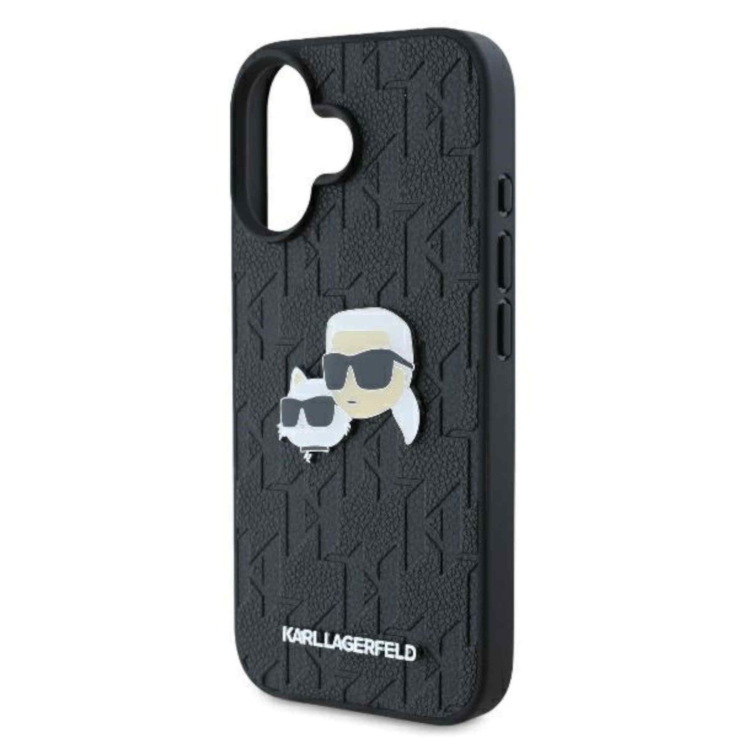 Karl Lagerfeld tasarımlı siyah telefon kılıfı, tasarımcının silüeti ve logosunu içeriyor.