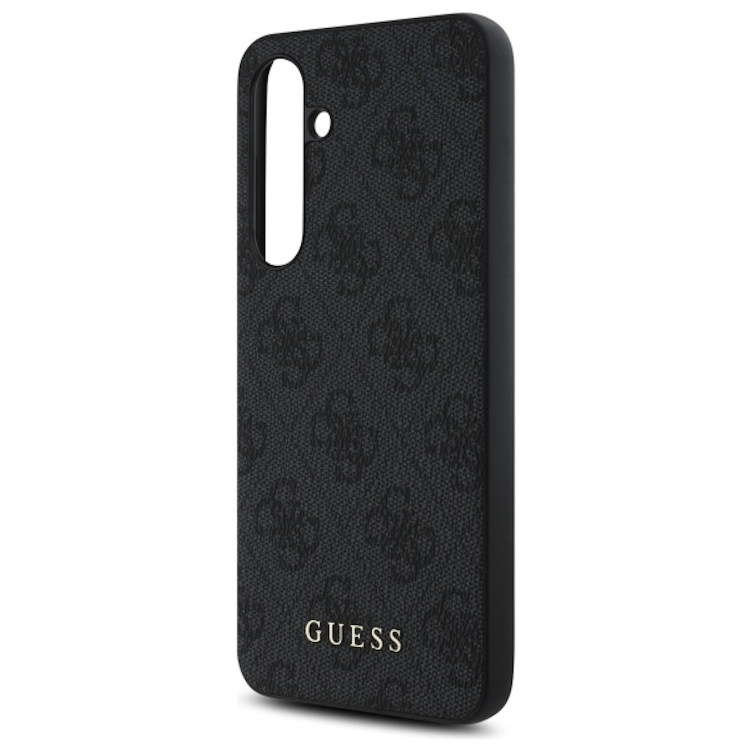 Custodia per telefono nera con motivo logo Guess, che mostra il design del marchio sul retro.