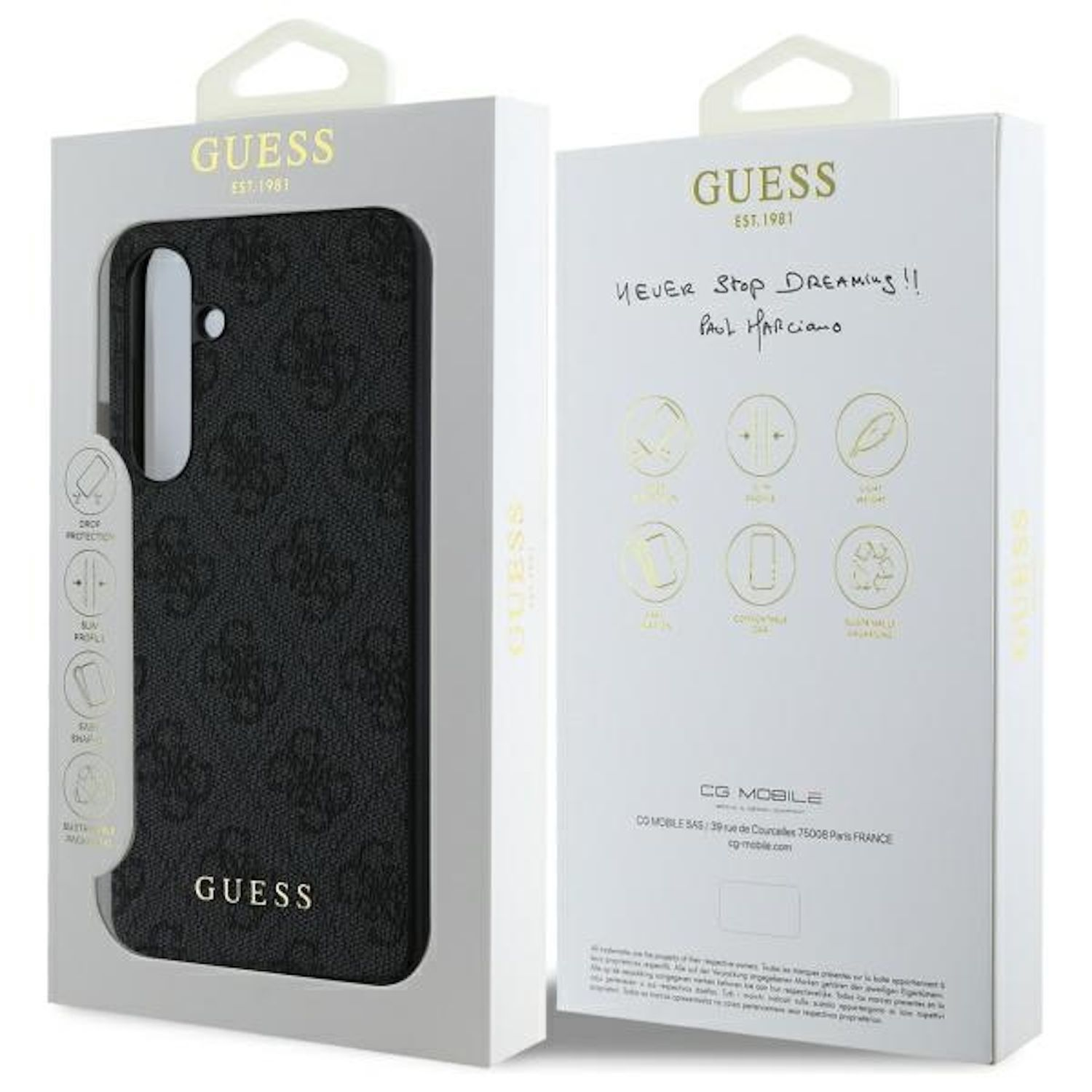 Confezione custodia per telefono. Scatola con custodia nera con logo Guess. La scatola ha uno sfondo bianco.