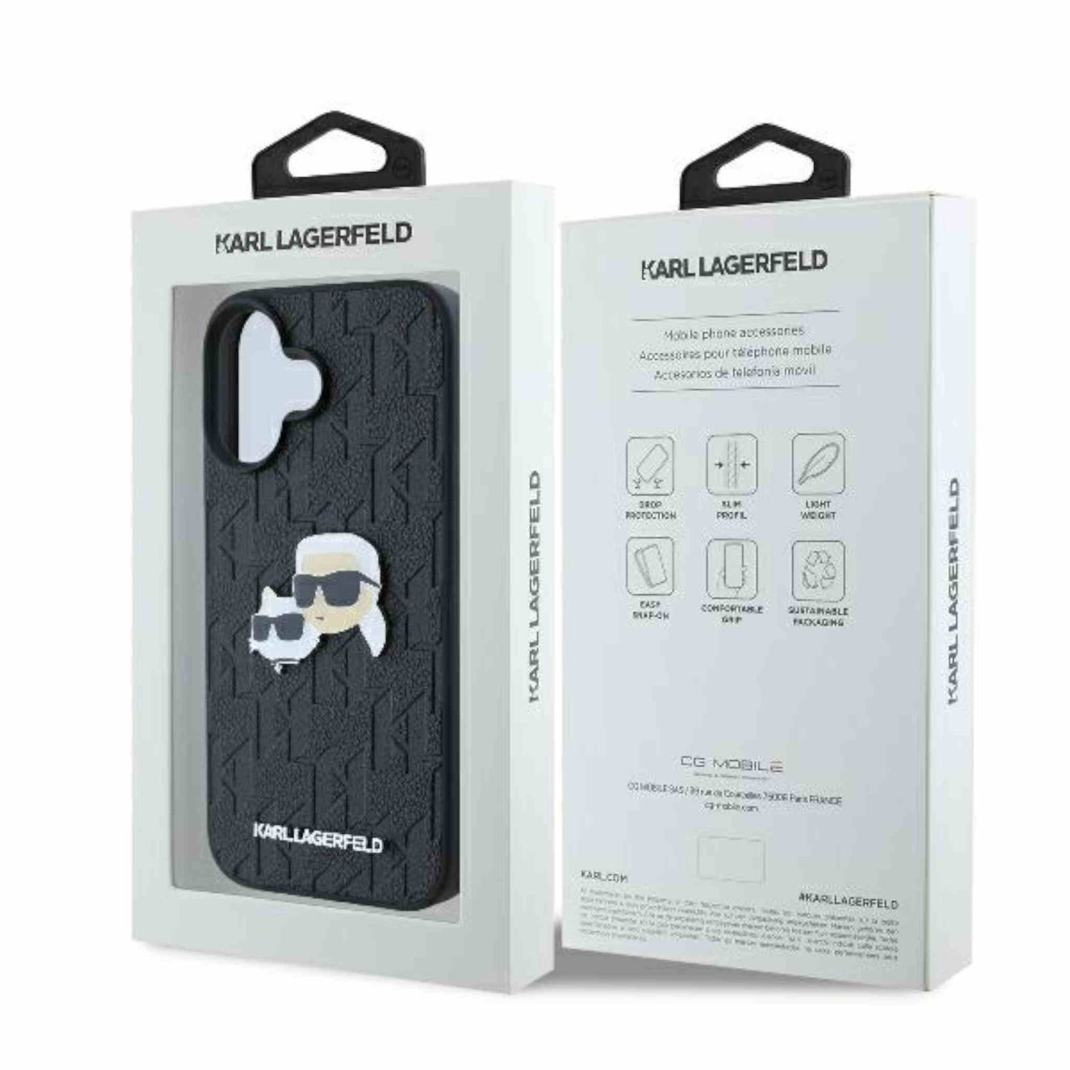 Beyaz bir kutuda Karl Lagerfeld telefon kılıfı. Kılıf, çizgi film tasarımlı siyah renktedir.
