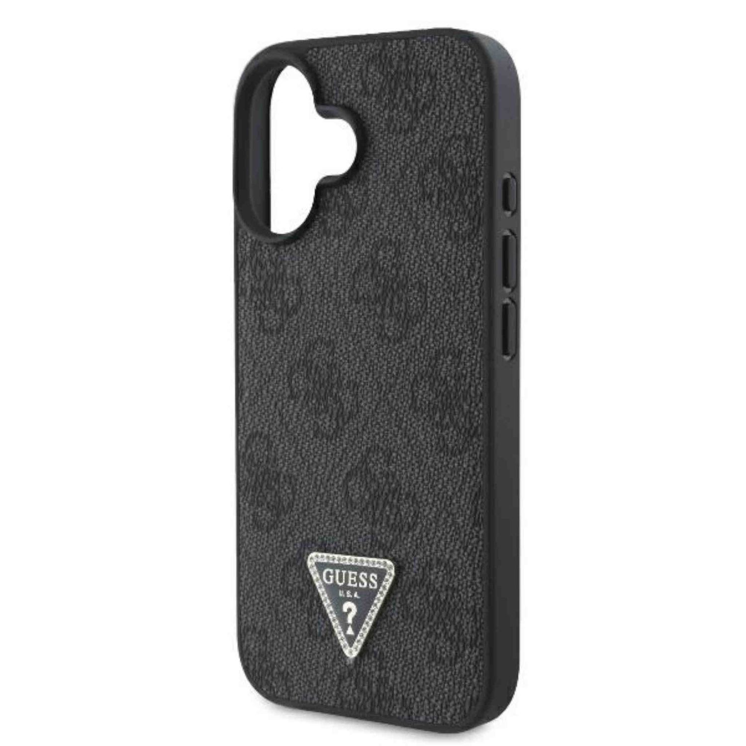 Custodia per telefono Guess nera con motivo logo e logo argento.