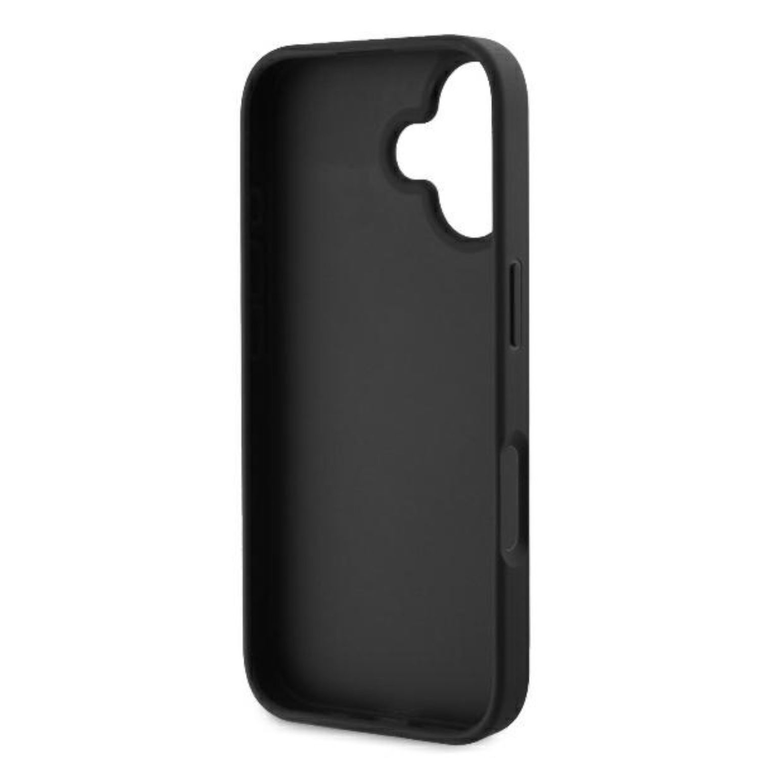 Custodia per telefono nera, che mostra l'interno, rivelando la forma e i ritagli per il telefono.