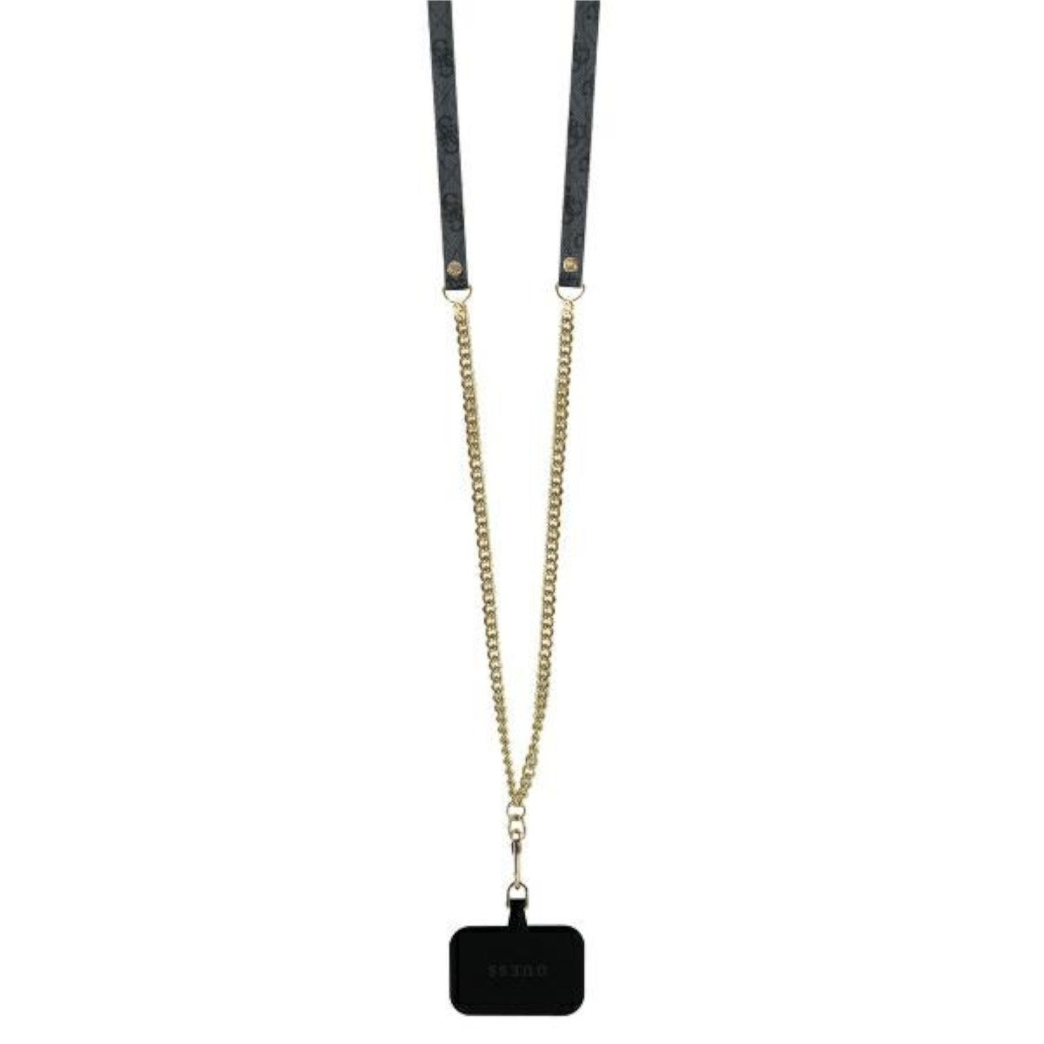 Cinturino nero per telefono con catena dorata. È attaccato un telefono nero. Il cinturino ha il logo Guess.