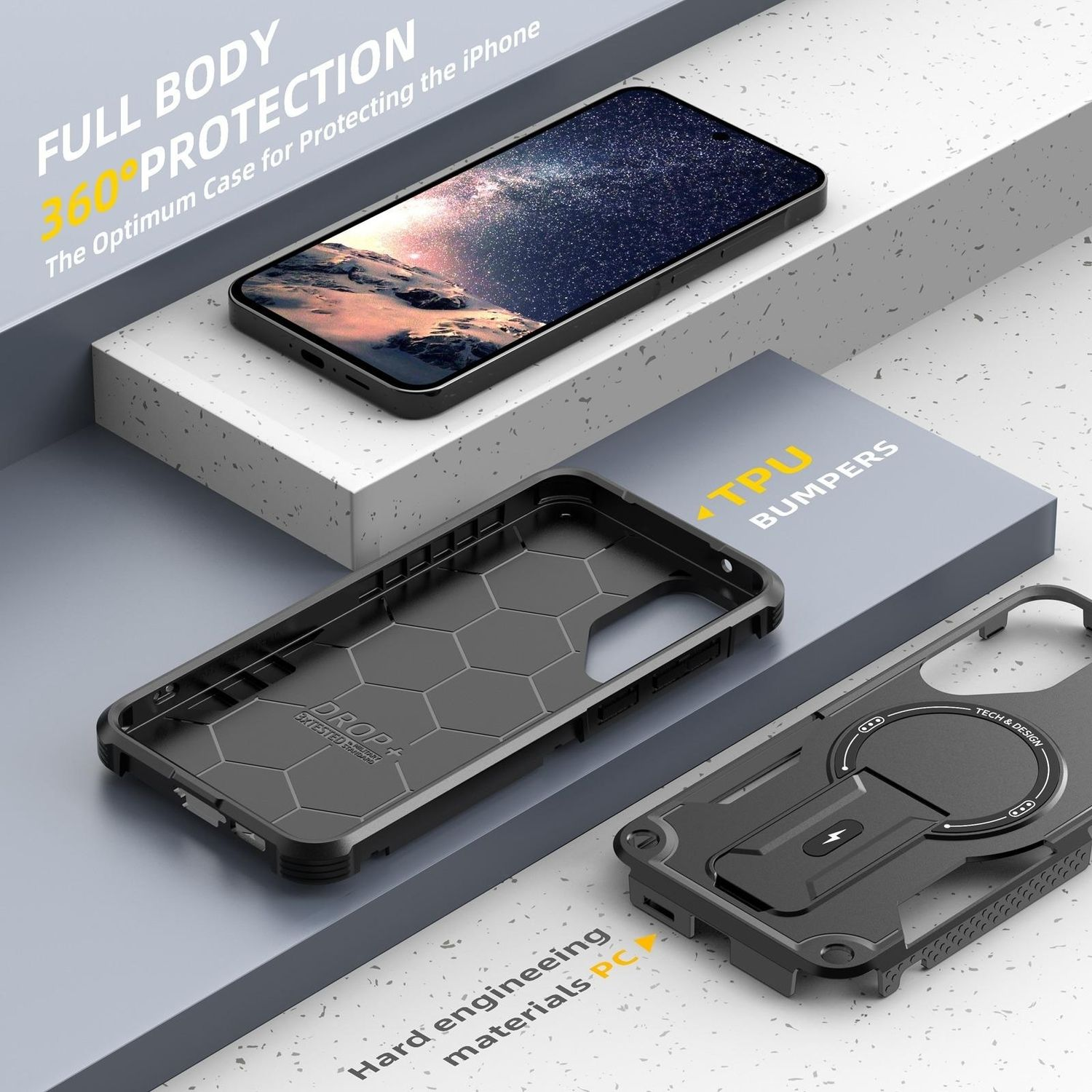 Schutzhüllen-Komponenten, die das Telefon, Gehäuseteile und Produktmerkmale zeigen.