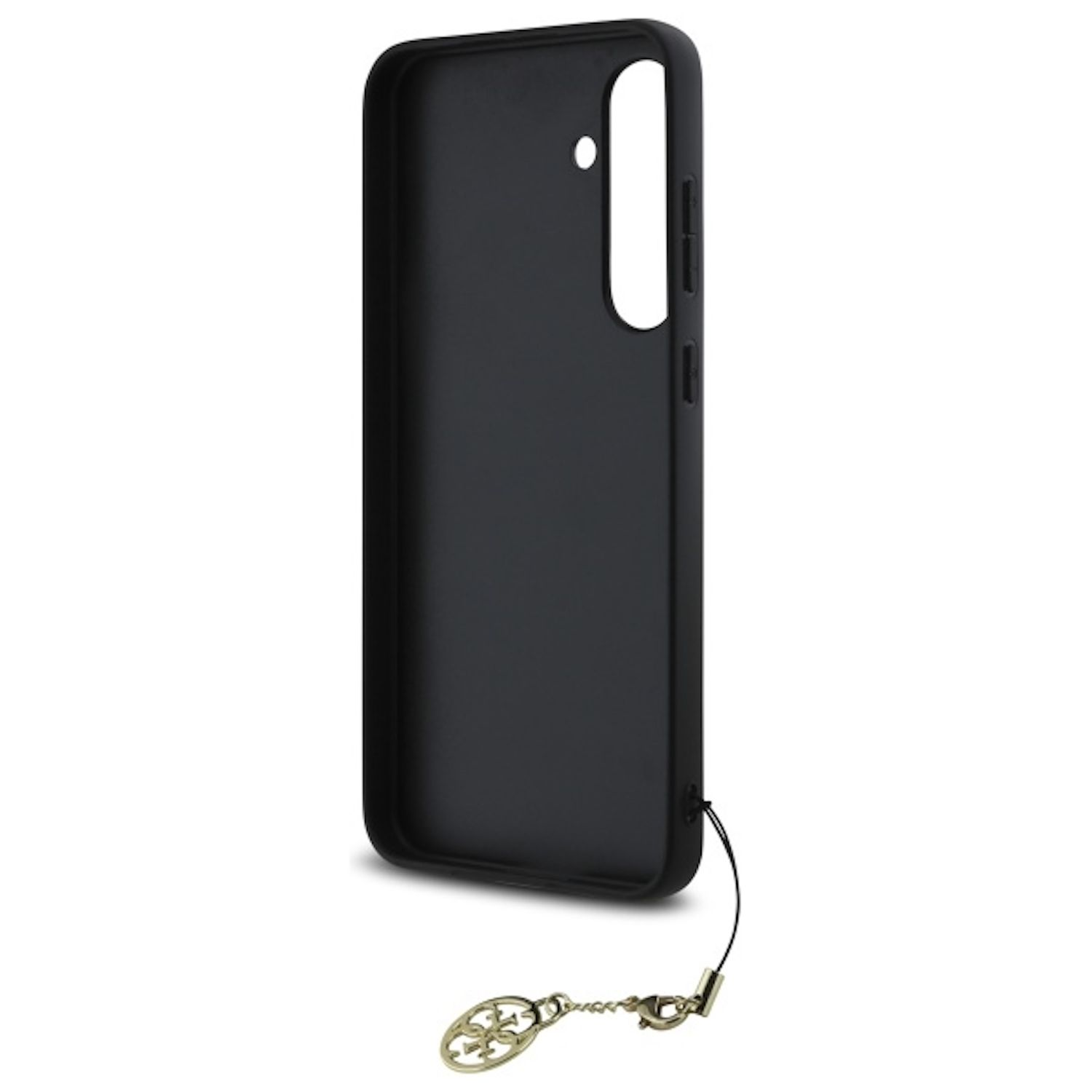 Una custodia per telefono nera con un ciondolo con logo dorato. La custodia è per un telefono ed è vuota.