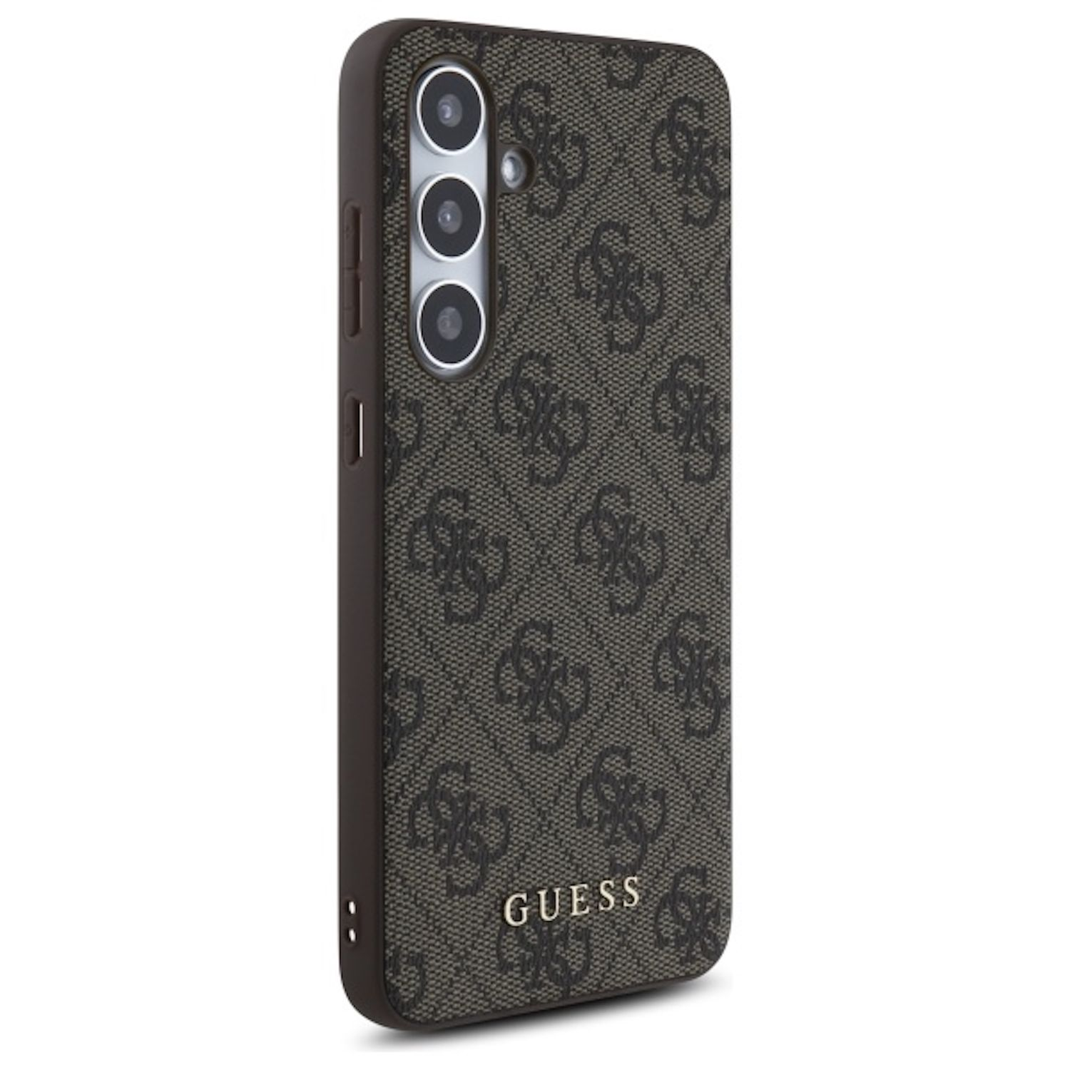 Custodia per telefono nera con motivo logo Guess, che mostra il design del marchio sul retro.