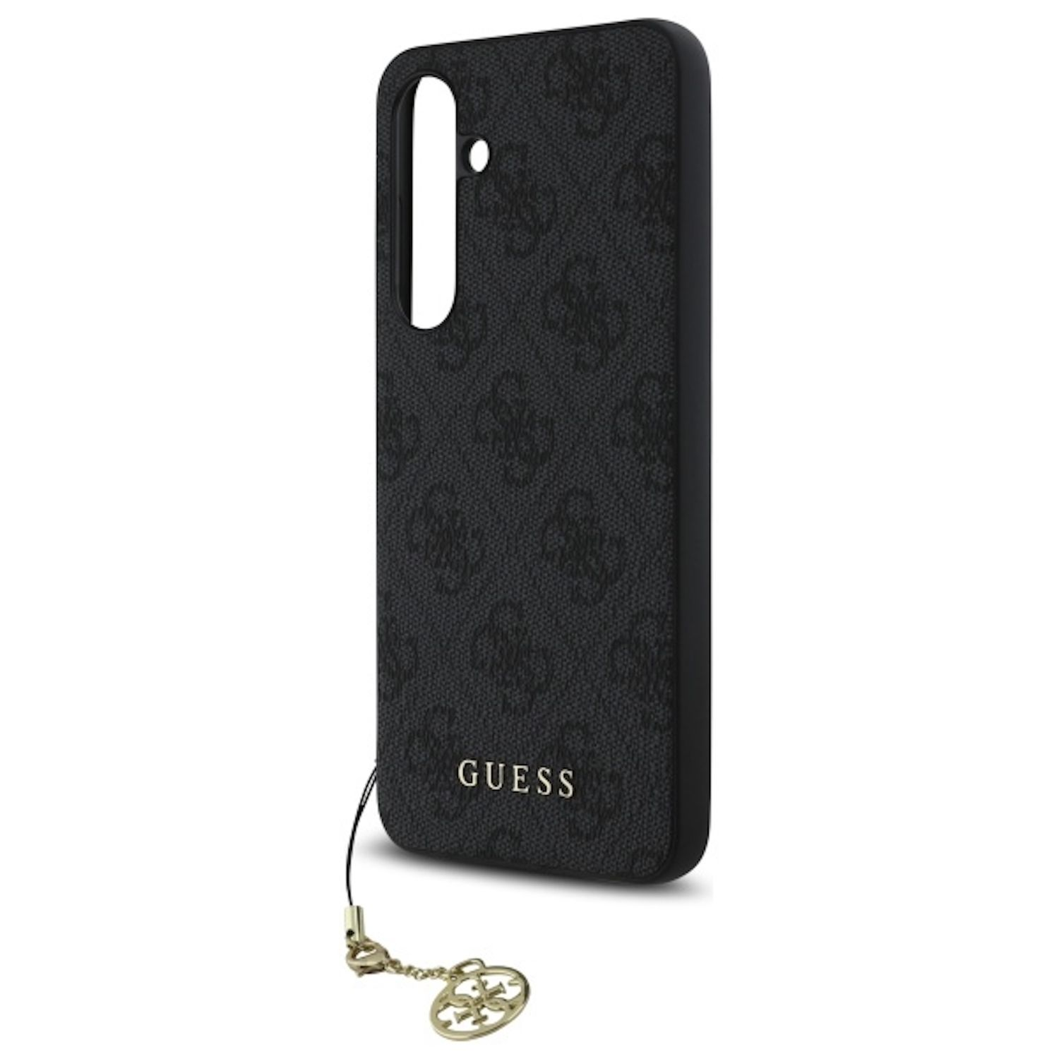 Custodia per telefono nera con logo Guess. Un ciondolo dorato pende dal basso. La custodia è su una superficie bianca.