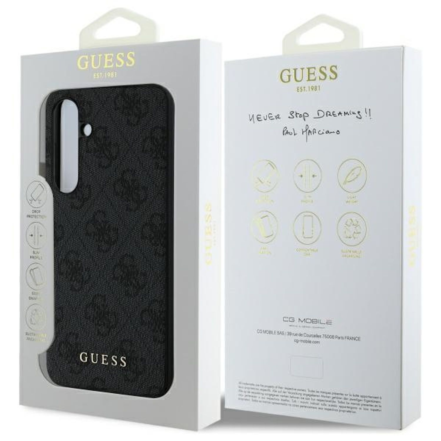 Confezione della custodia per telefono Guess, con la custodia visibile e le informazioni sul prodotto sul retro.