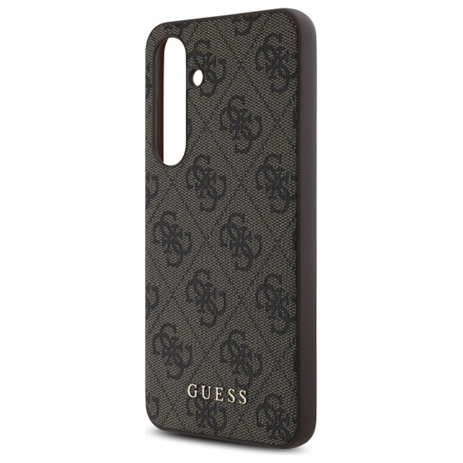 Custodia per telefono nera con motivo logo Guess, che mostra il design del marchio sul retro.