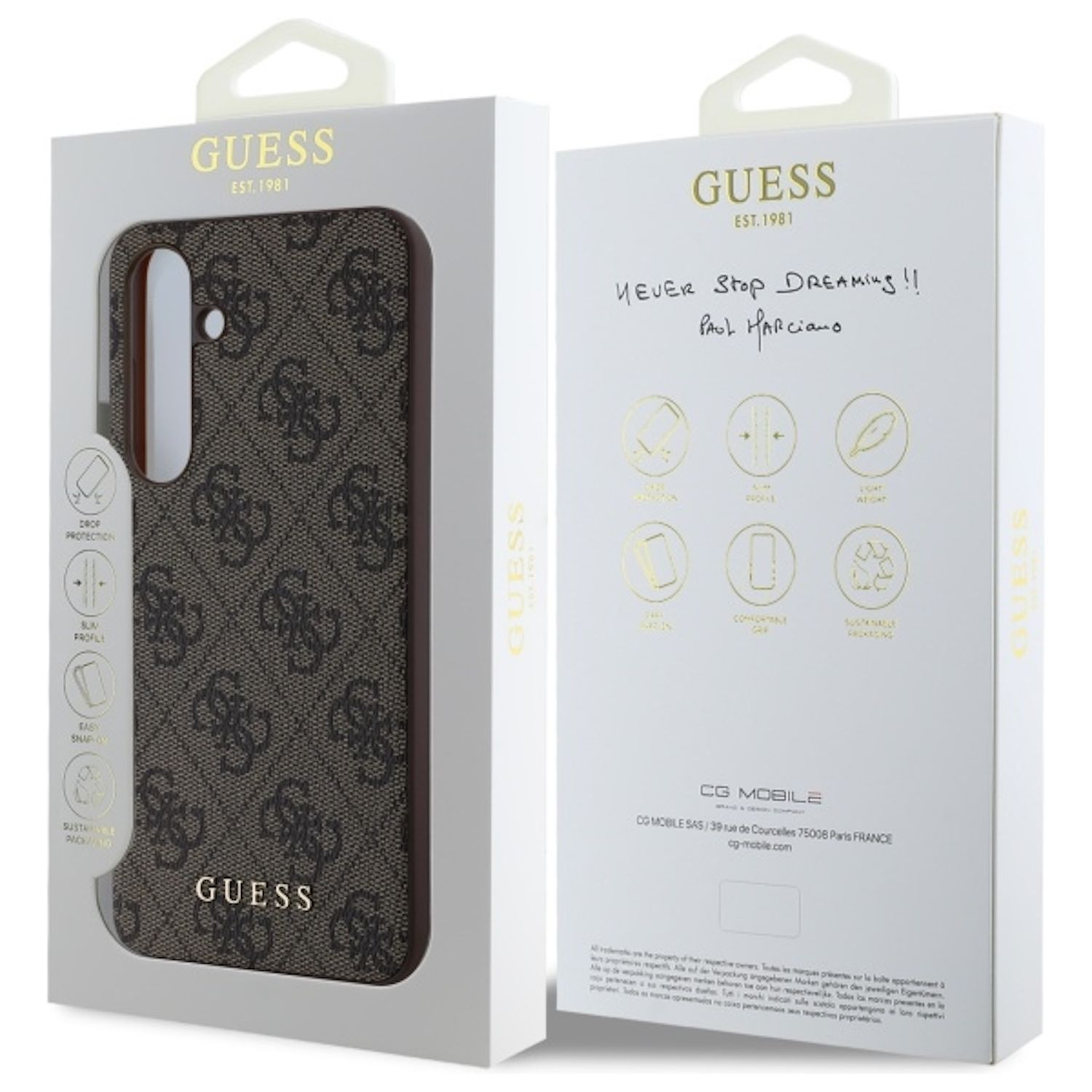 Custodia per telefono Guess in una scatola. Motivo logo Guess marrone e nero.