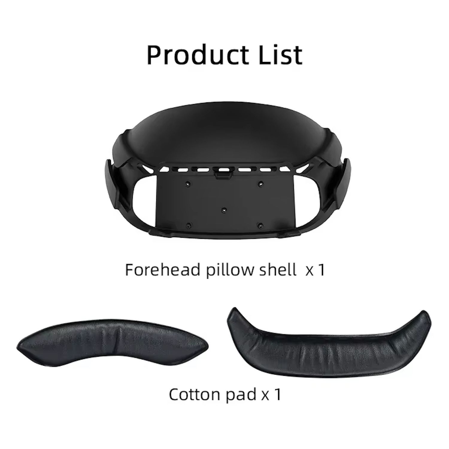 Produktliste. Ein schwarzes VR-Headset und zwei schwarze Wattepads werden angezeigt. Das Headset befindet sich in der Mitte.
