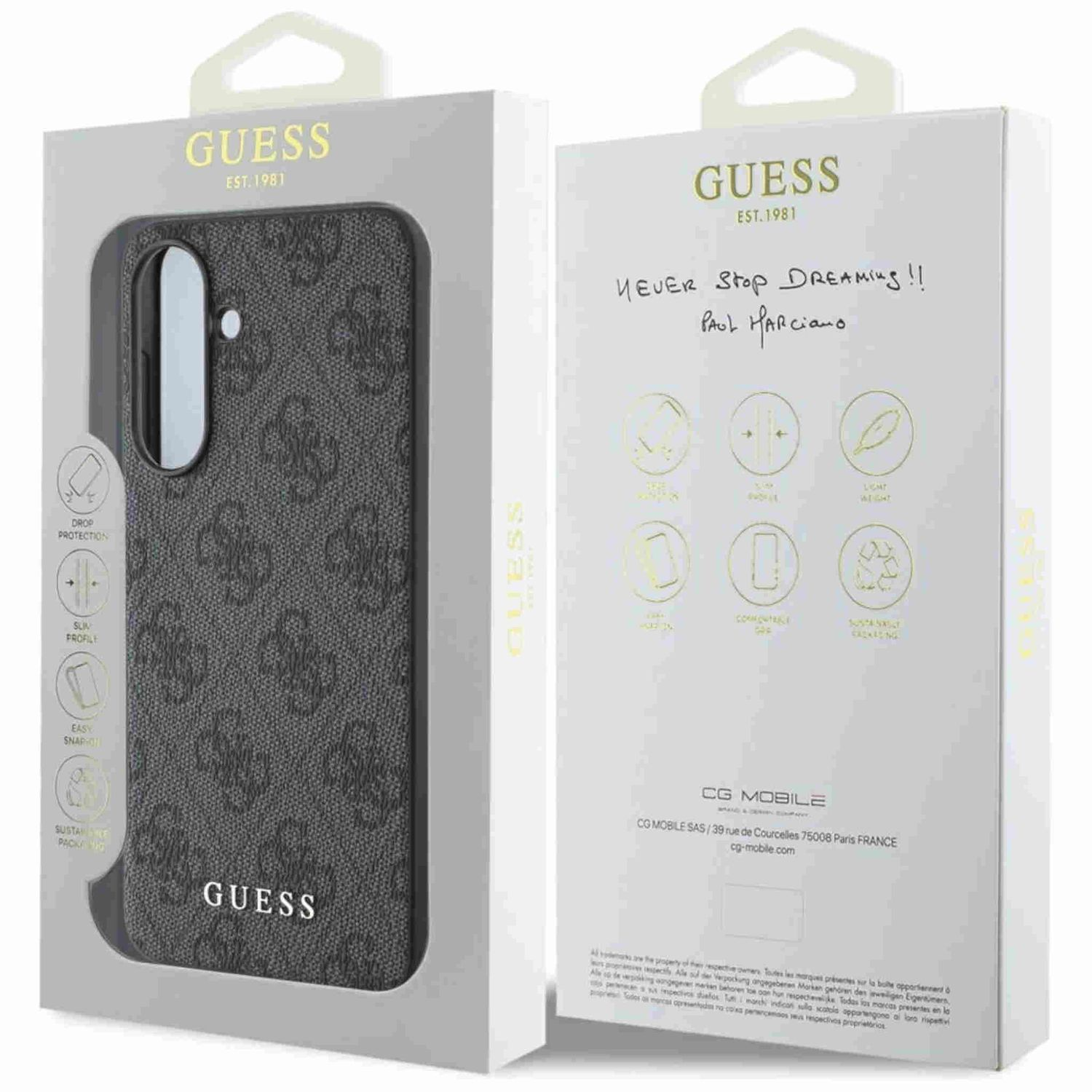 Una custodia per telefono in una scatola. La custodia è grigia con un logo Guess.