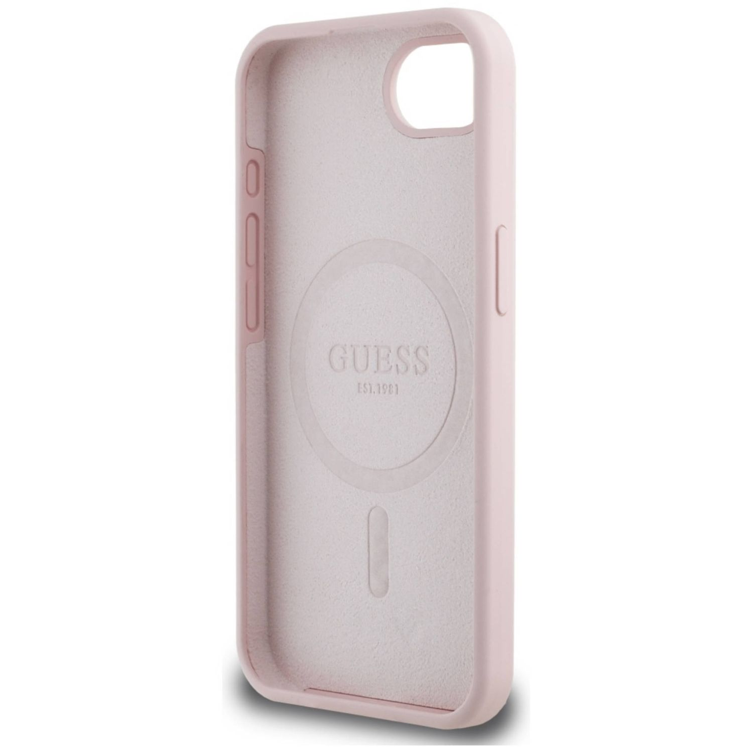 Una custodia per telefono rosa con il logo GUESS. Rosa chiaro, interno più chiaro.