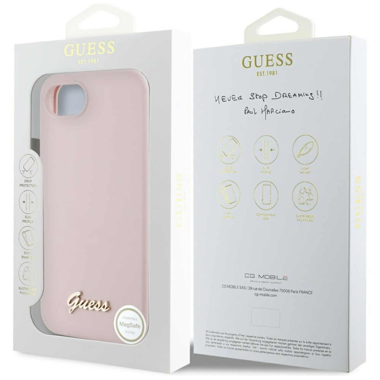Custodia rosa in confezione. Marchio Guess e testo sulla scatola. Compatibile con MagSafe.