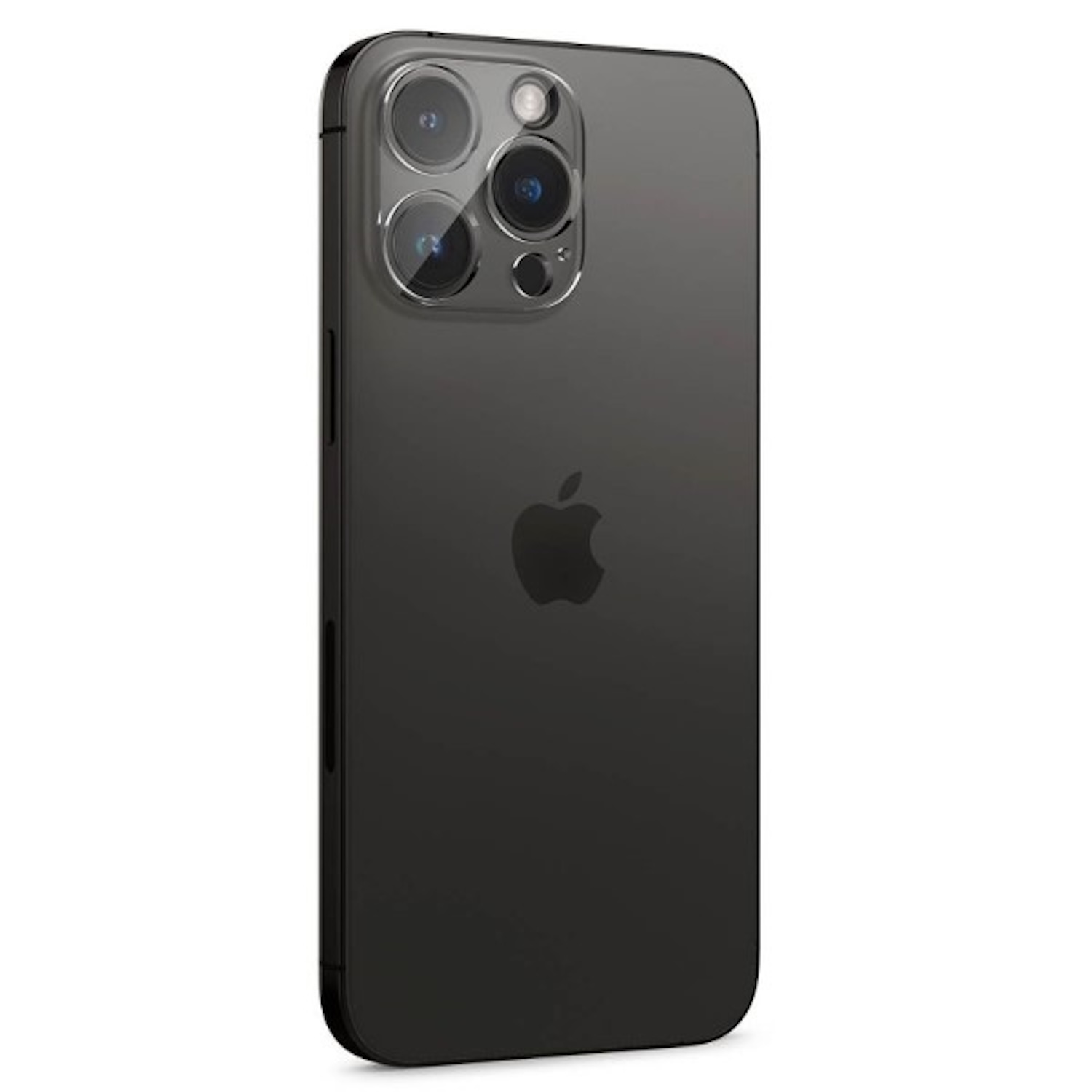 Czarny iPhone z trzema kamerami widocznymi z tyłu. Widoczne jest również logo Apple.