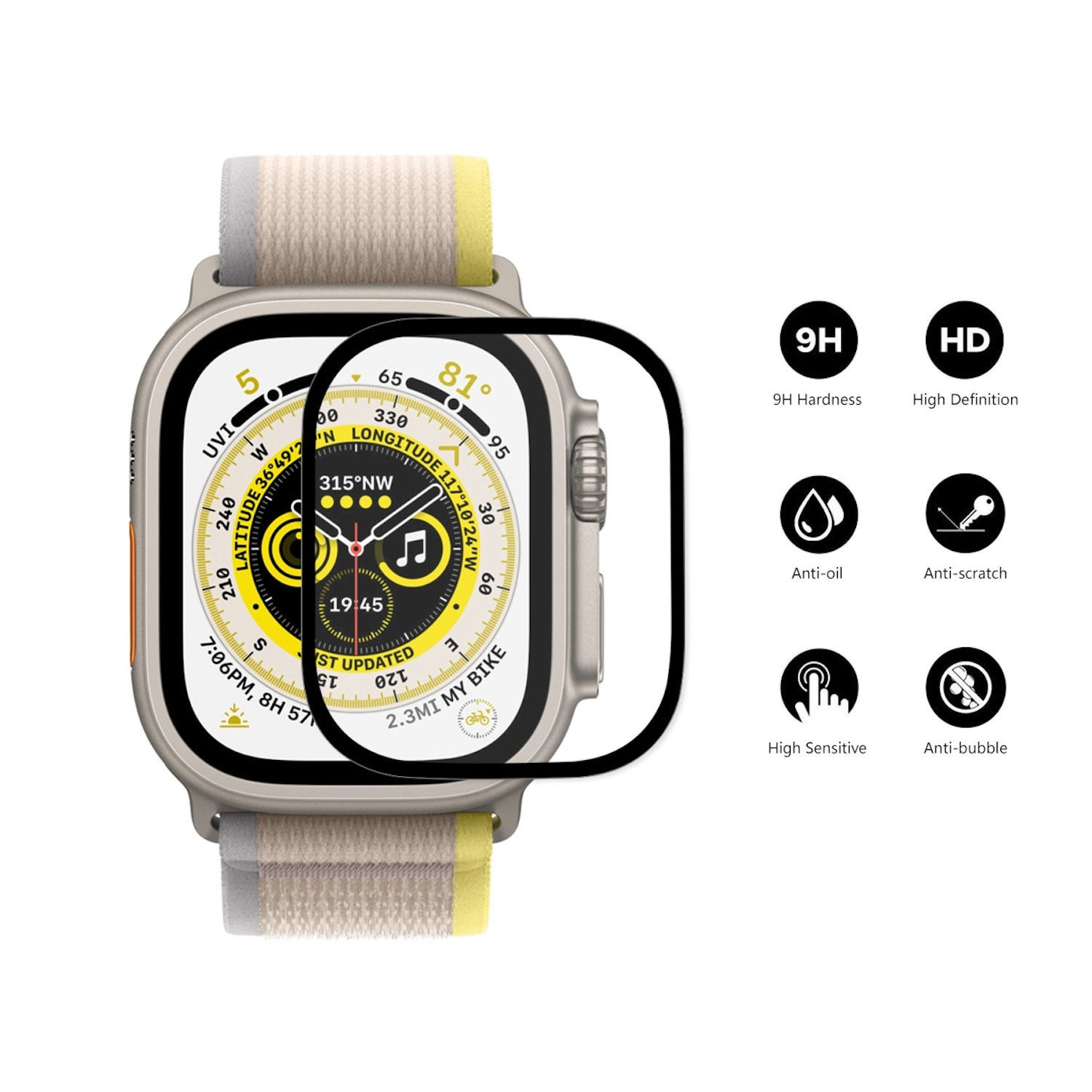 Eine Smartwatch mit Displayschutzfolie. Die Uhr hat ein weiß-gelbes Band.