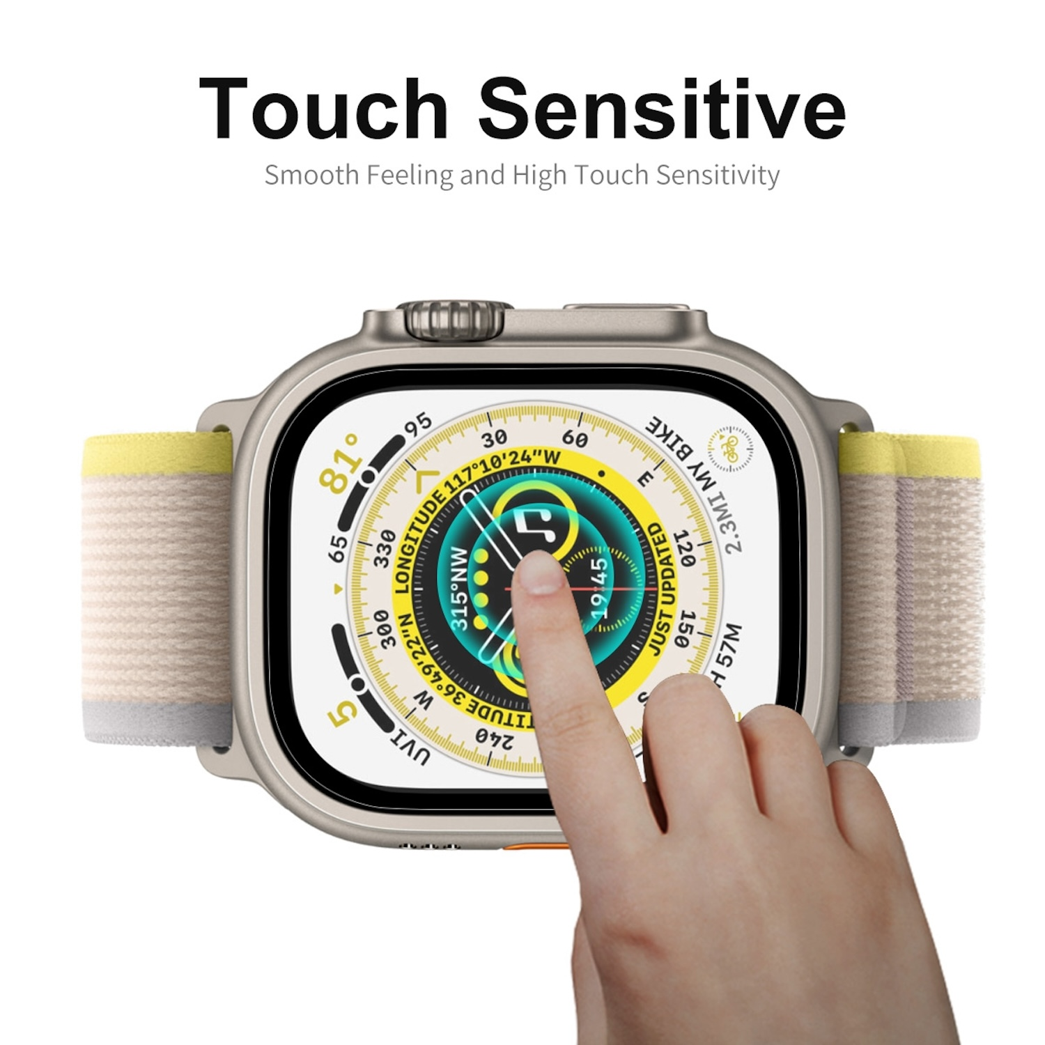 Eine Smartwatch mit einem gelb-grauen Band wird von einem Finger berührt und zeigt eine digitale Oberfläche an.