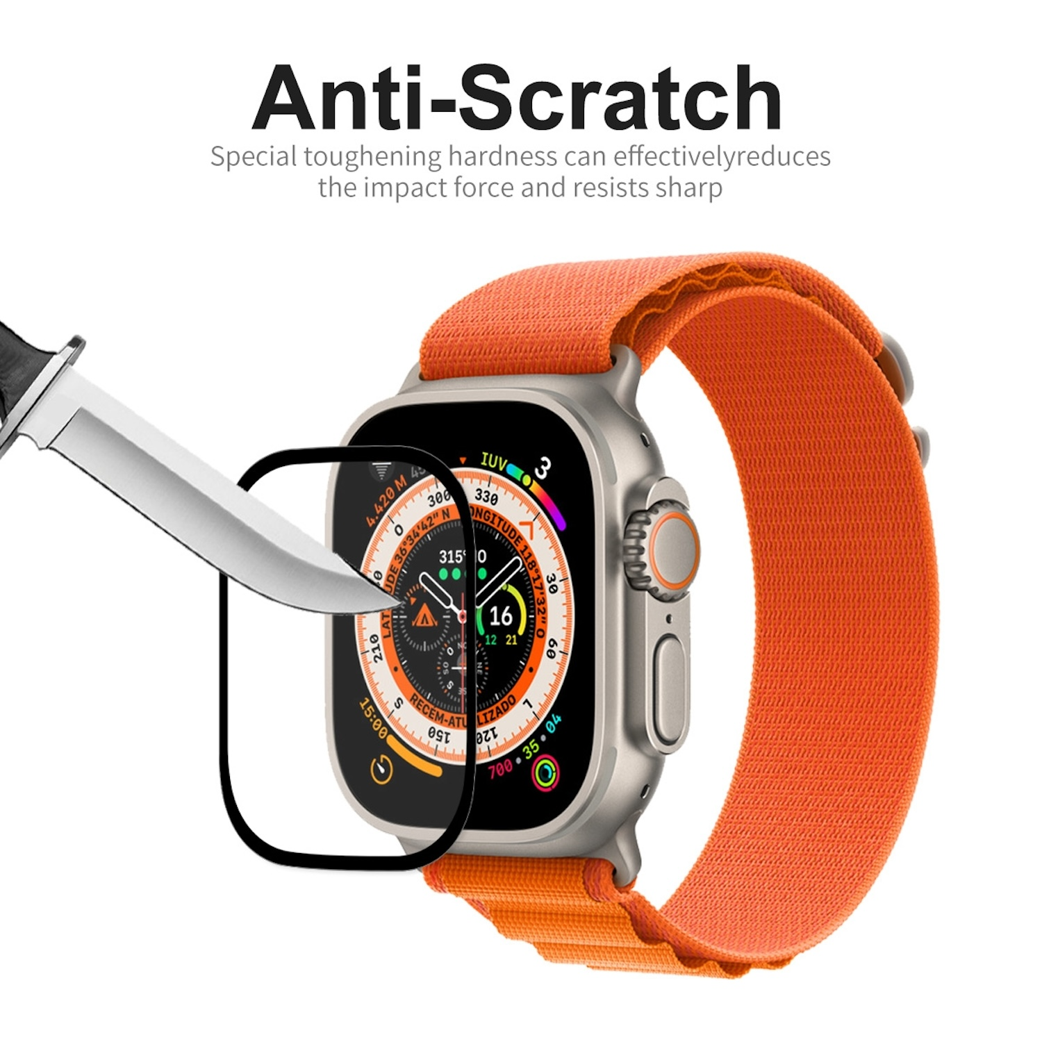 Ein Messer schneidet eine Displayschutzfolie auf einer Smartwatch mit orangefarbenem Band.