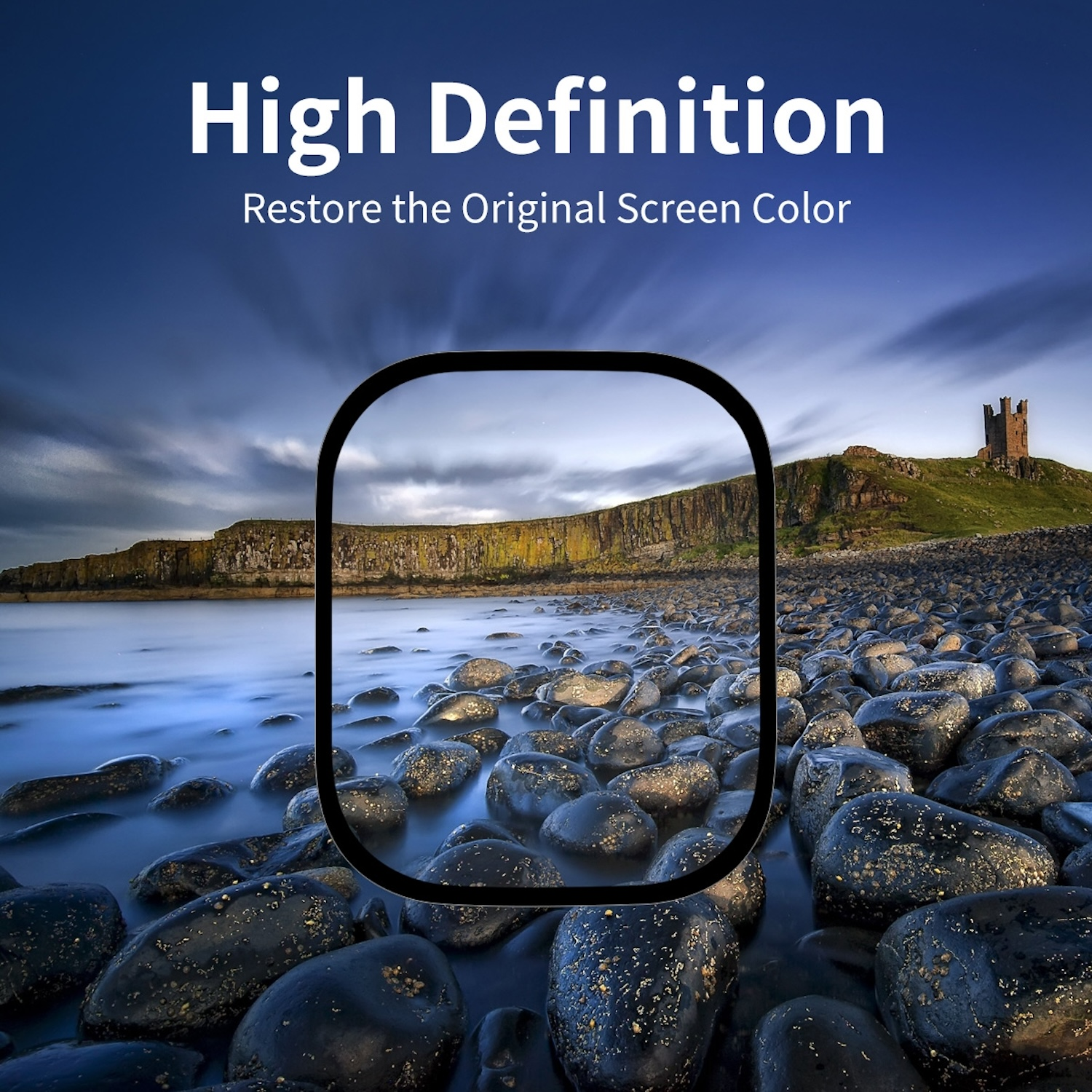Landschaft, gerahmt von Displayschutz, Text: High Definition.