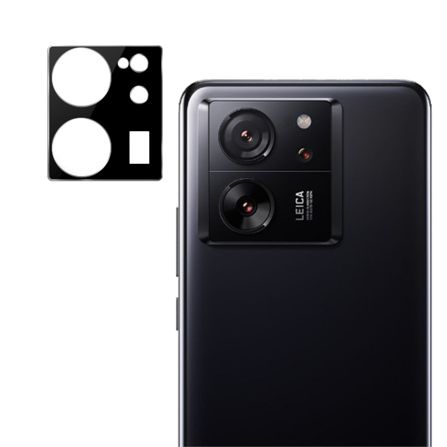 La fotocamera di un telefono viene mostrata accanto a una protezione per lo schermo. Entrambi sono neri.