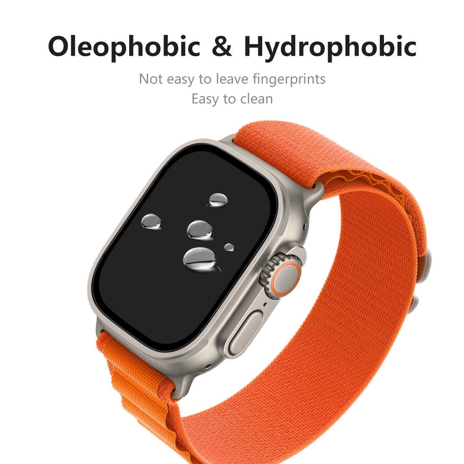 Eine Smartwatch mit orangefarbenem Band hat Wassertropfen auf dem Bildschirm.
