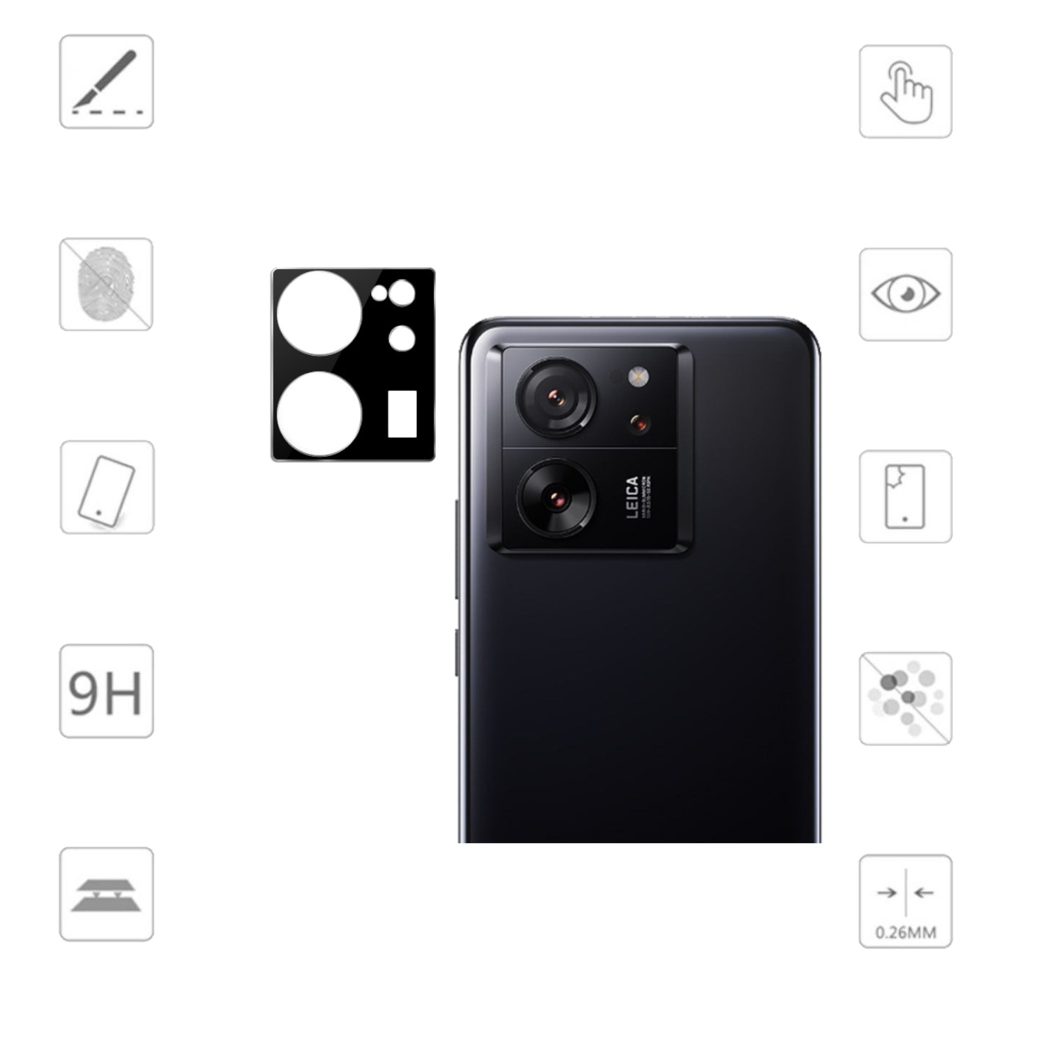 Protezioni per lenti della fotocamera del telefono su un telefono, circondate da icone.