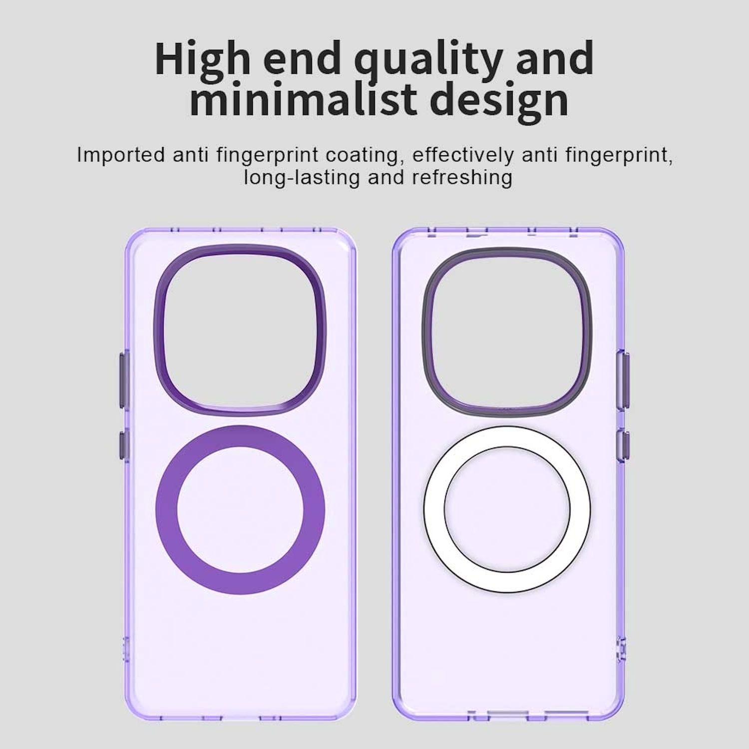 Zwei transparente Handyhüllen. Text: Hochwertiges und minimalistisches Design. Importierte Anti-Fingerabdruck-Beschichtung.