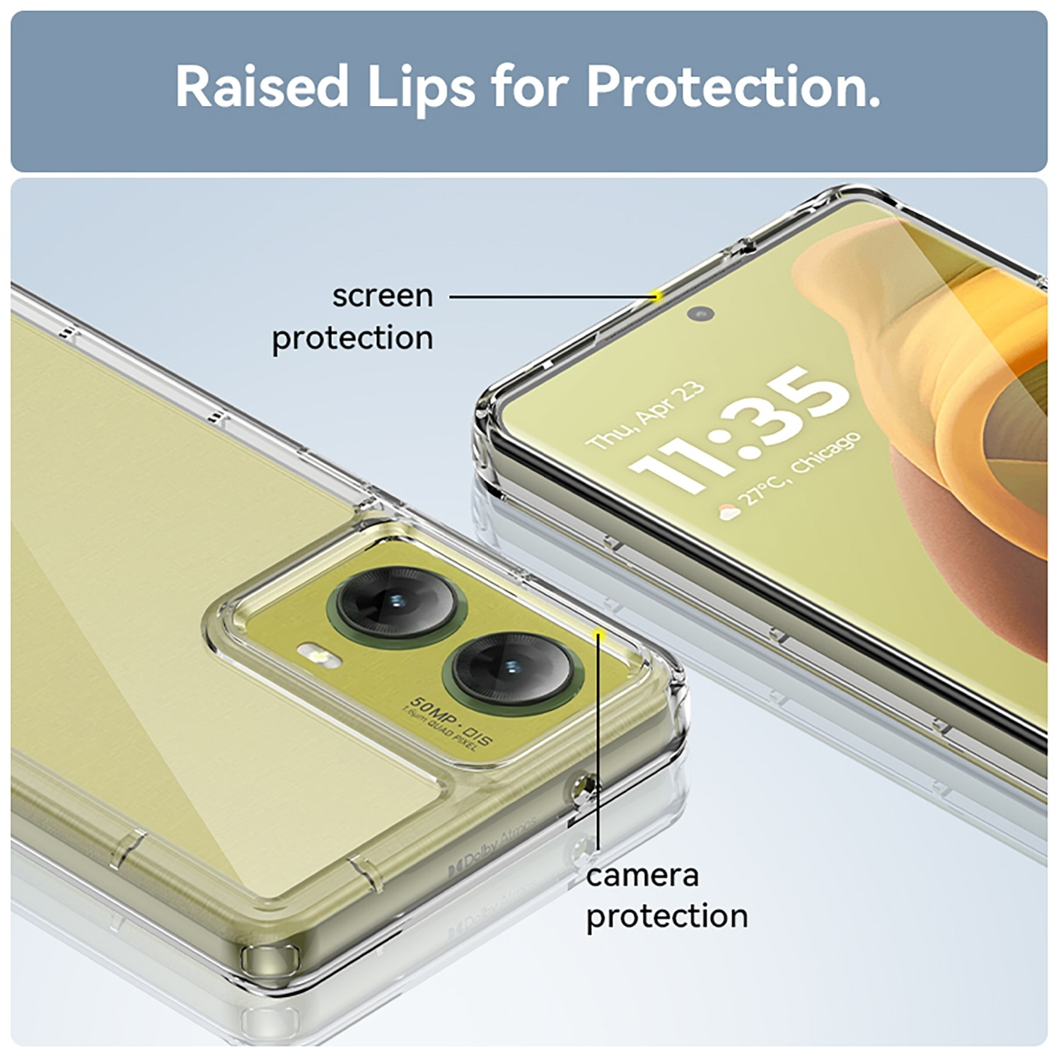 Se muestra una funda de teléfono con un teléfono dentro. La funda tiene protección de pantalla y cámara.