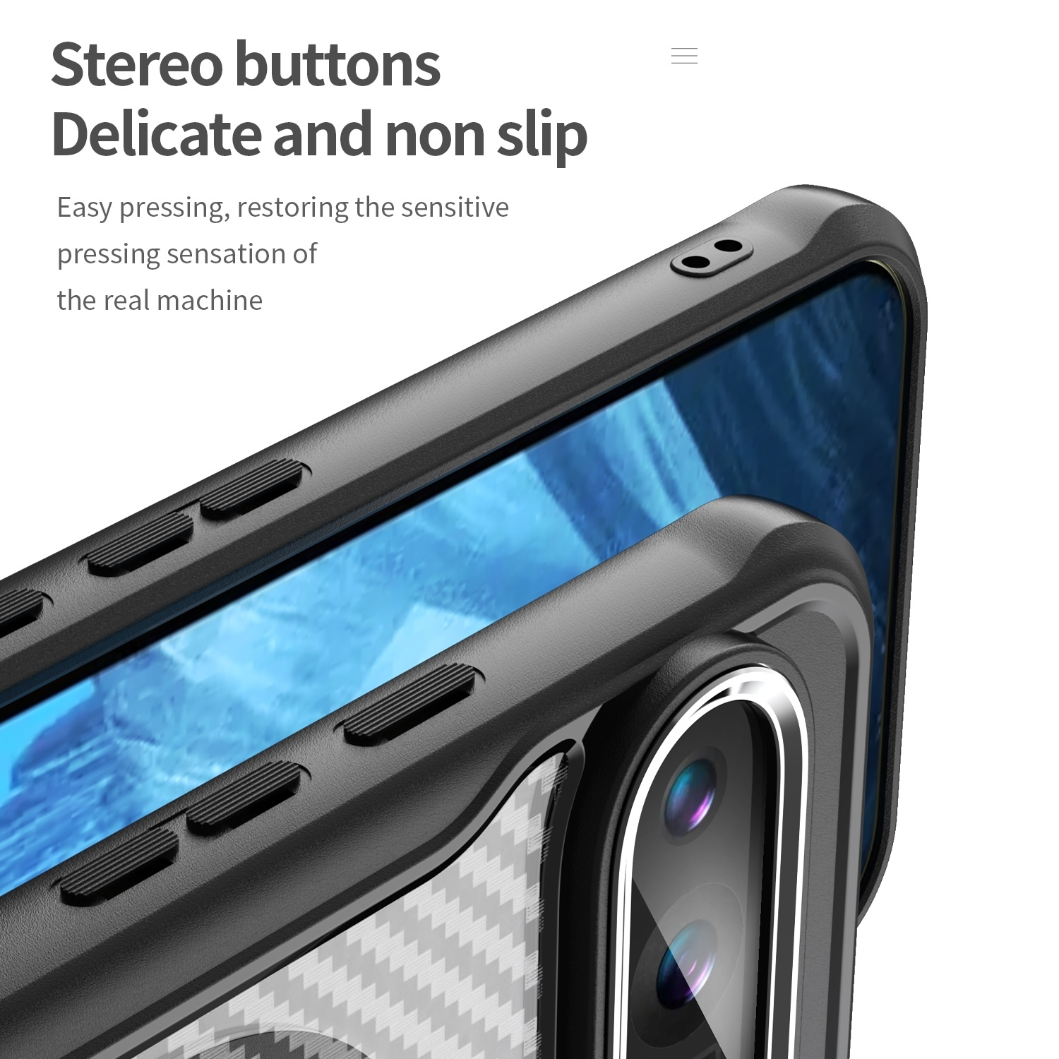 Funda negra con botones estéreo. El teléfono tiene pantalla y cámara. La funda tiene textura de fibra de carbono.
