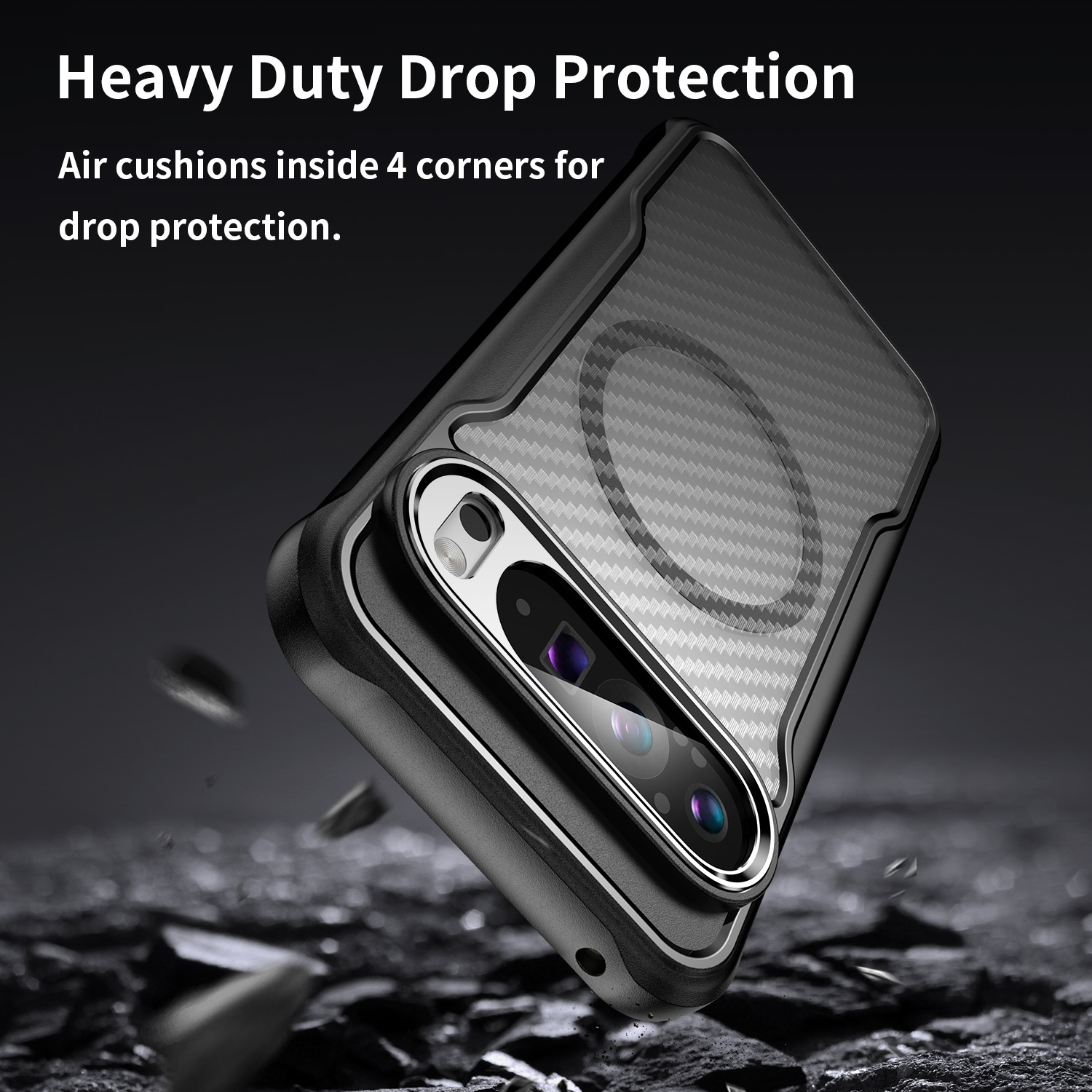 Funda negra para teléfono. Texto: Protección contra caídas de alta resistencia. Recorte de cámara. Patrón de fibra de carbono gris.