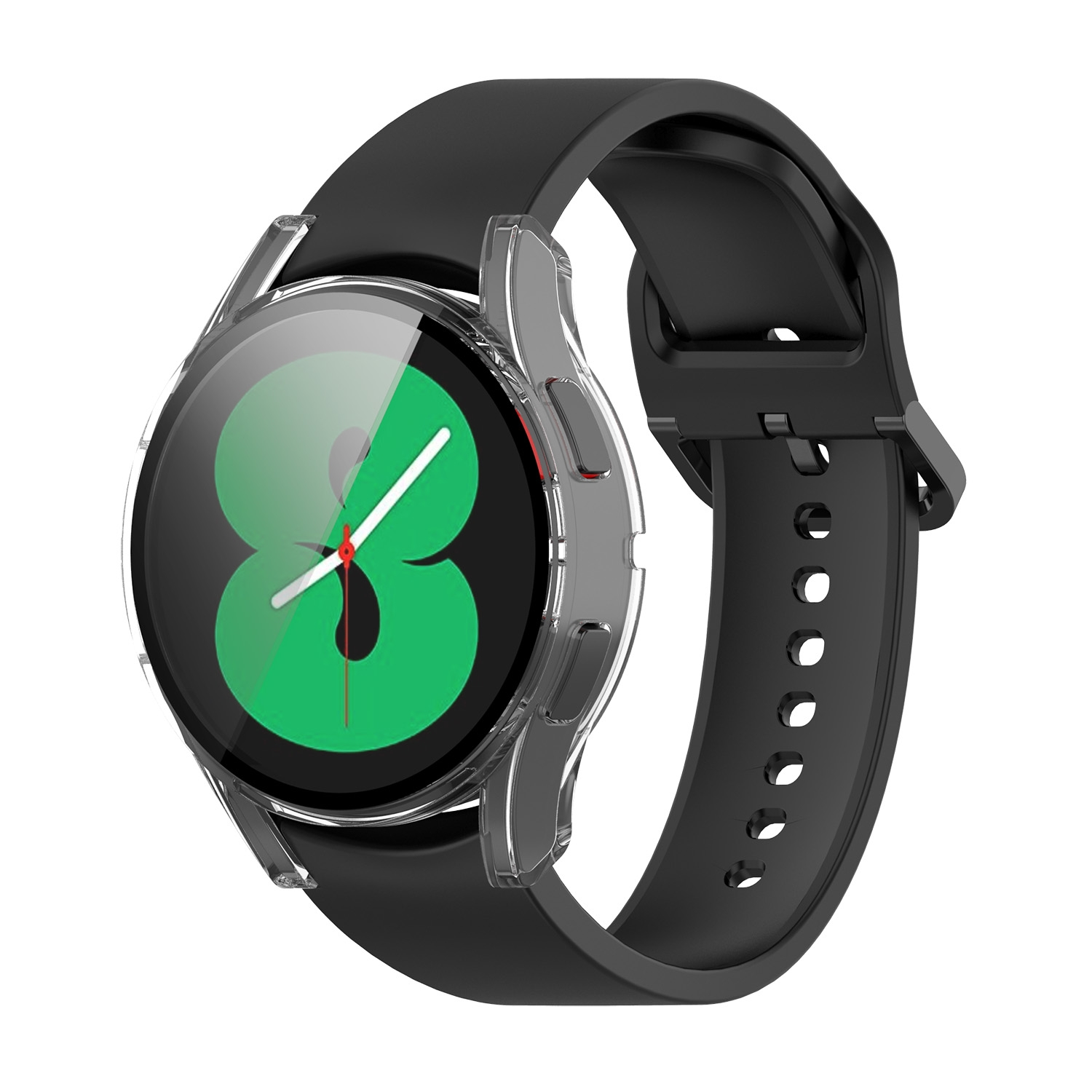 Eine Smartwatch mit transparentem Gehäuse und schwarzem Armband. Das Zifferblatt zeigt ein grünes Design.