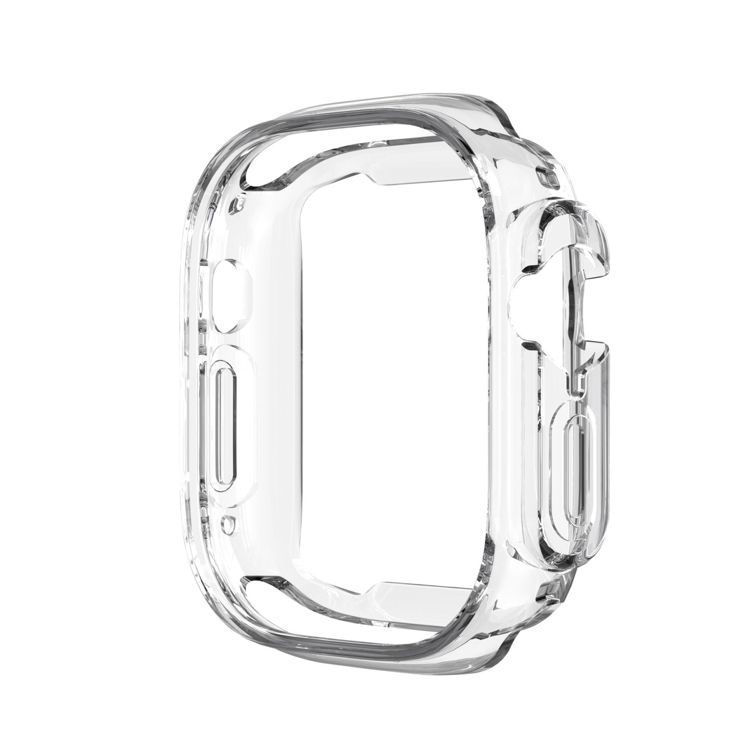 Eine transparente Schutzhülle für eine Smartwatch, die die Seite und Vorderseite der Uhr zeigt.