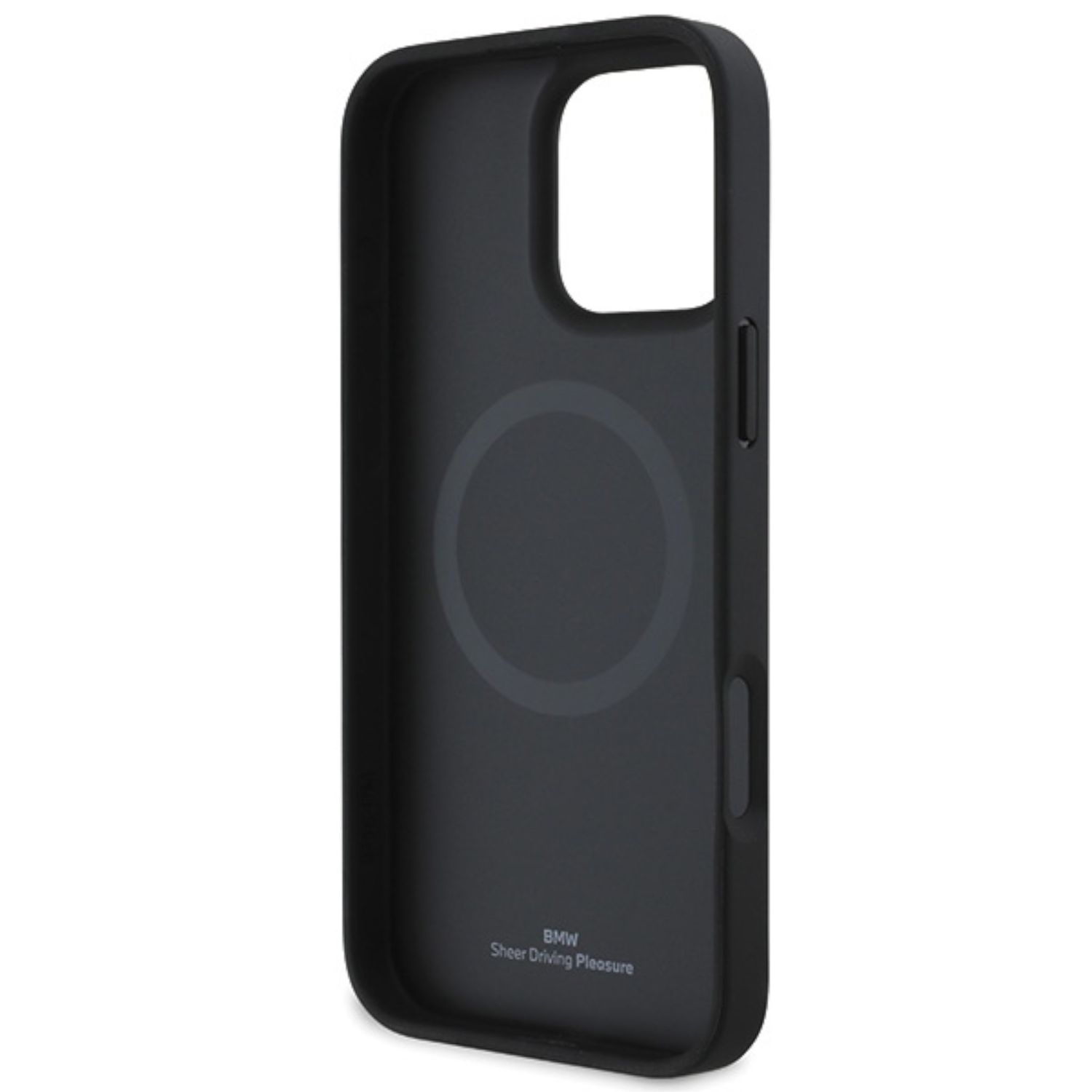 Custodia nera per telefono con logo BMW e simbolo di ricarica wireless. Sfondo nero. Testo: BMW, Sheer Driving Pleasure.