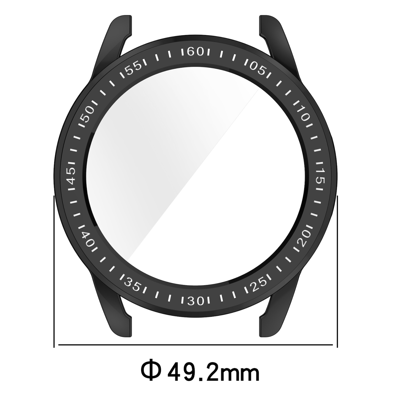 Schwarze Lünette mit weißen Zahlen und Markierungen. Zeigt Durchmesser: 49,2 mm.
