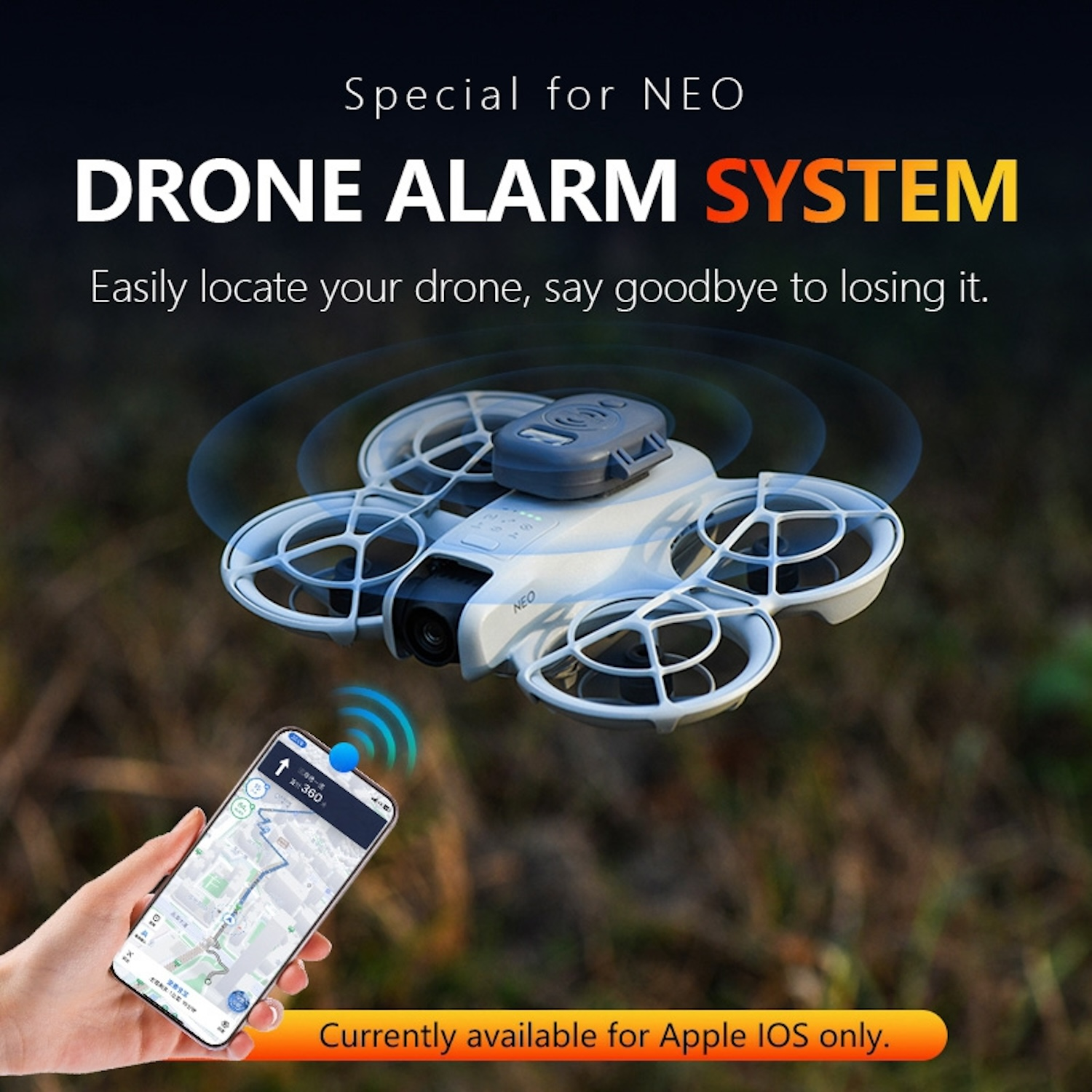 Eine Drohne mit einem Telefon, das eine Karte zeigt. Text: DRONE ALARM SYSTEM, Speziell für NEO.