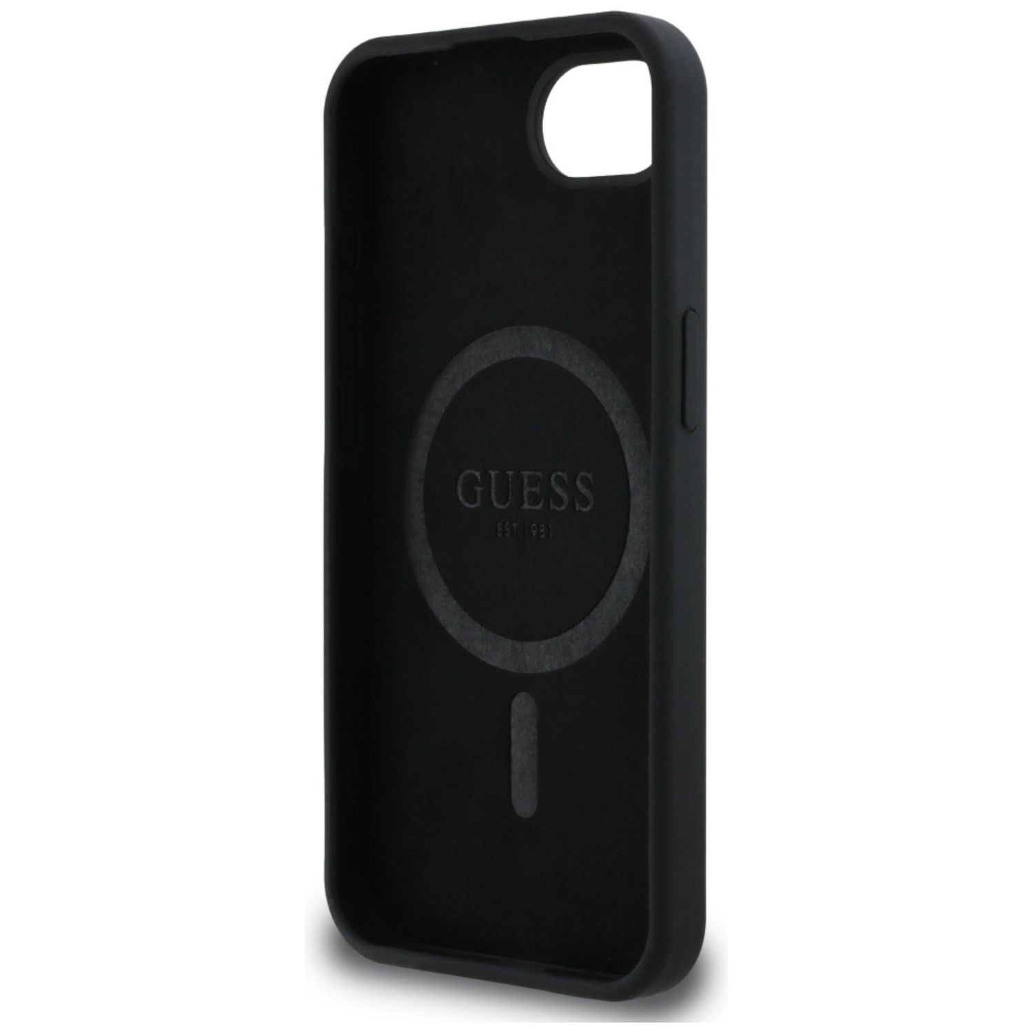 Custodia nera per telefono con logo Guess. Foro per fotocamera e pulsanti. Anello magnetico interno.