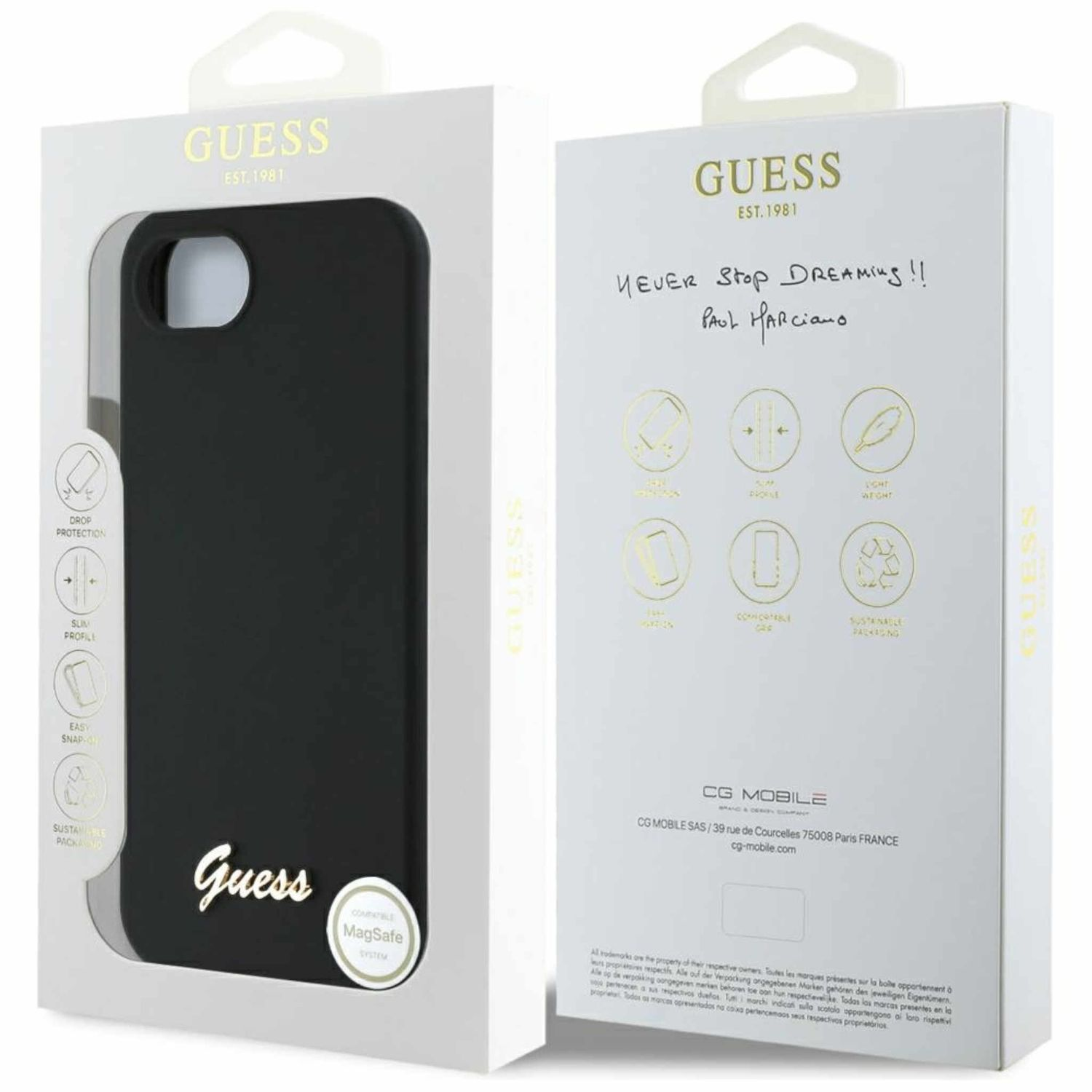 Custodia nera per telefono in scatola bianca Guess con testo e adesivo MagSafe.