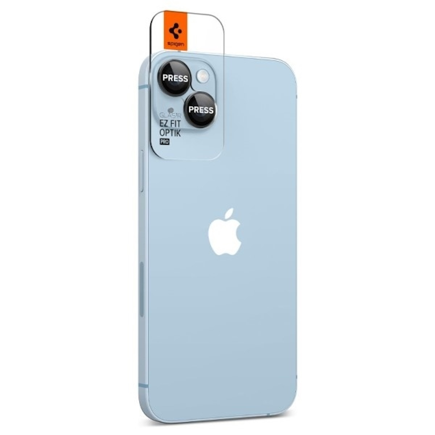 Light blue iPhone with a screen protector and camera protectors. 