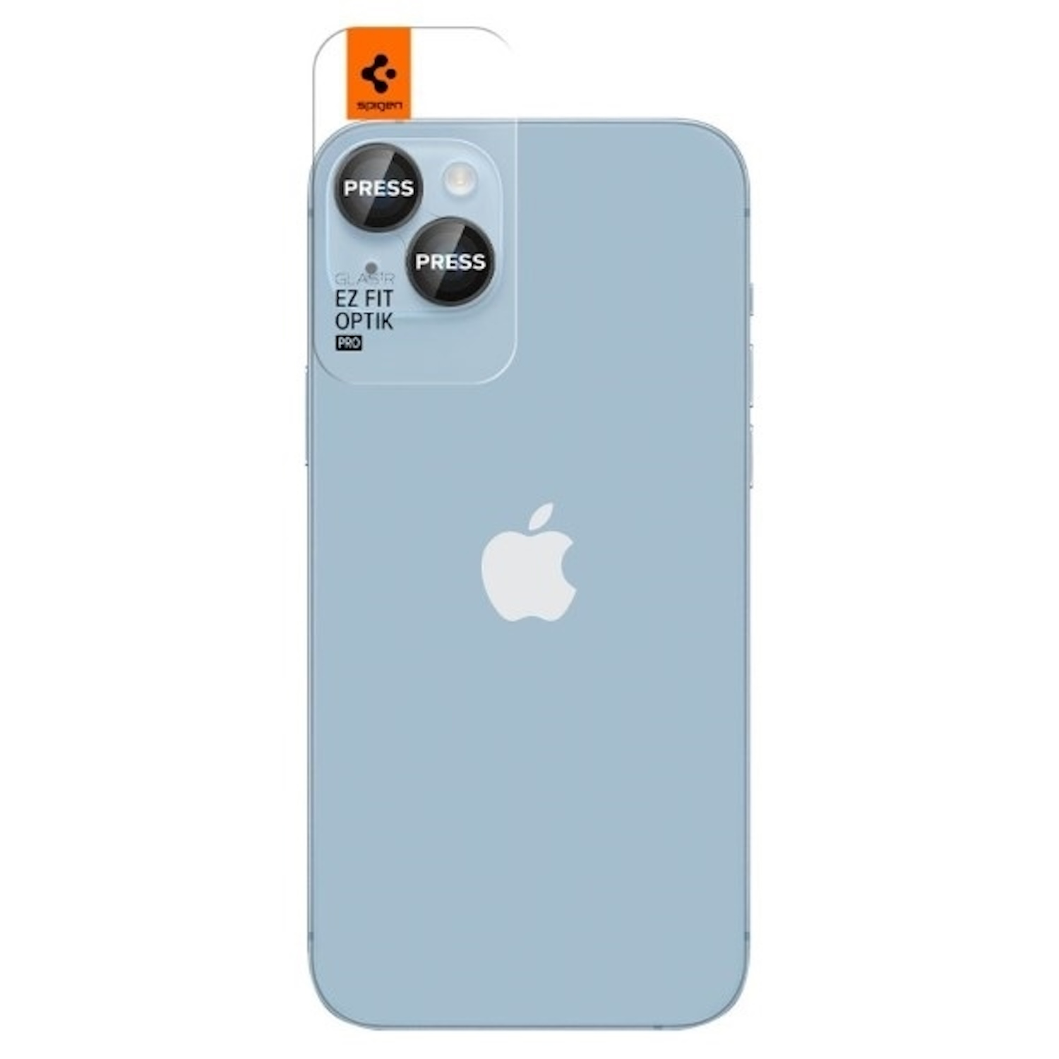 Light blue phone back with a Spigen label. The phone has a white Apple logo.