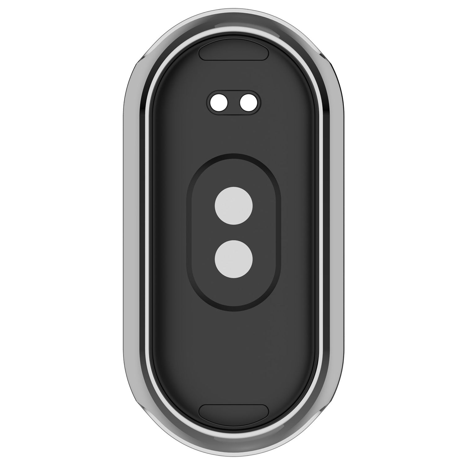 Schwarzes und silbernes Telefonzubehör. Hat drei kreisförmige Löcher, 2 klein und eines größer.