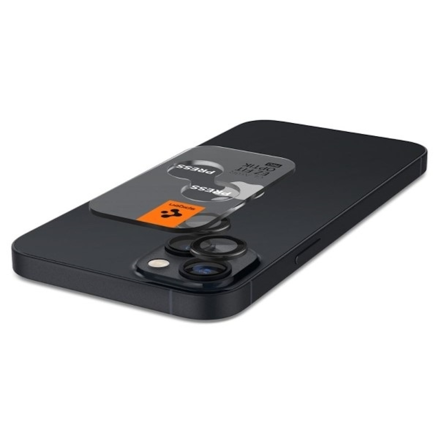 Black phone with a camera lens protector applied. The protector has a Spigen label.