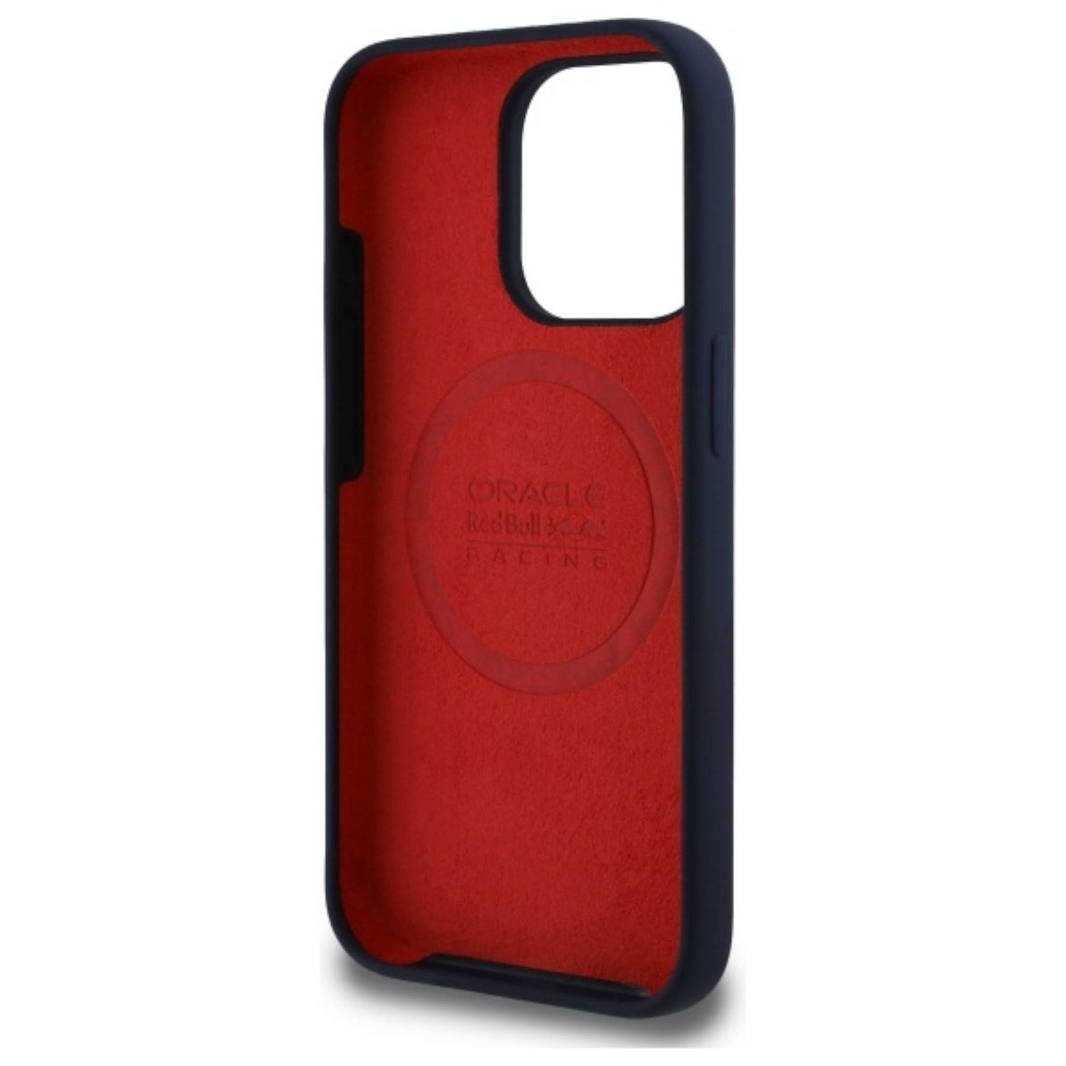 Dunkelblaue Handyhülle mit roter Innenseite. Die Hülle hat ein Oracle Red Bull Racing Logo.