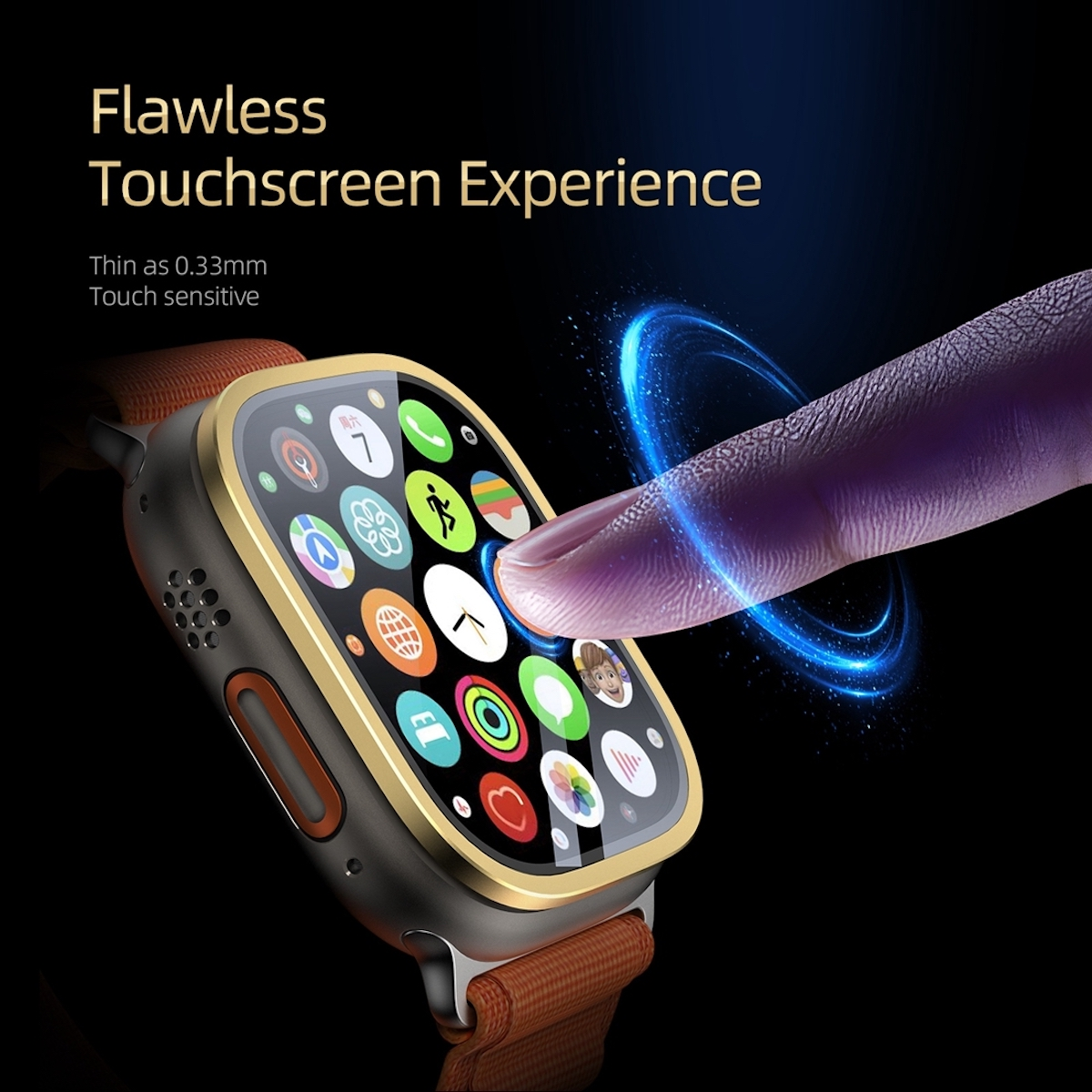 Smartwatch mit goldener Lünette, Touchscreen-Oberfläche und Finger, der den Bildschirm berührt. Dunkler Hintergrund.