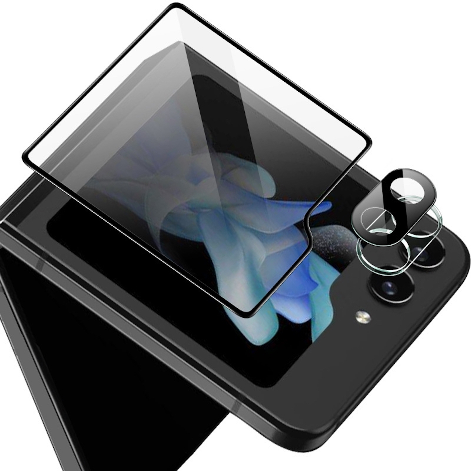 Smartphone con protezione schermo applicata, che mostra una visione chiara dello schermo e delle lenti della fotocamera.
