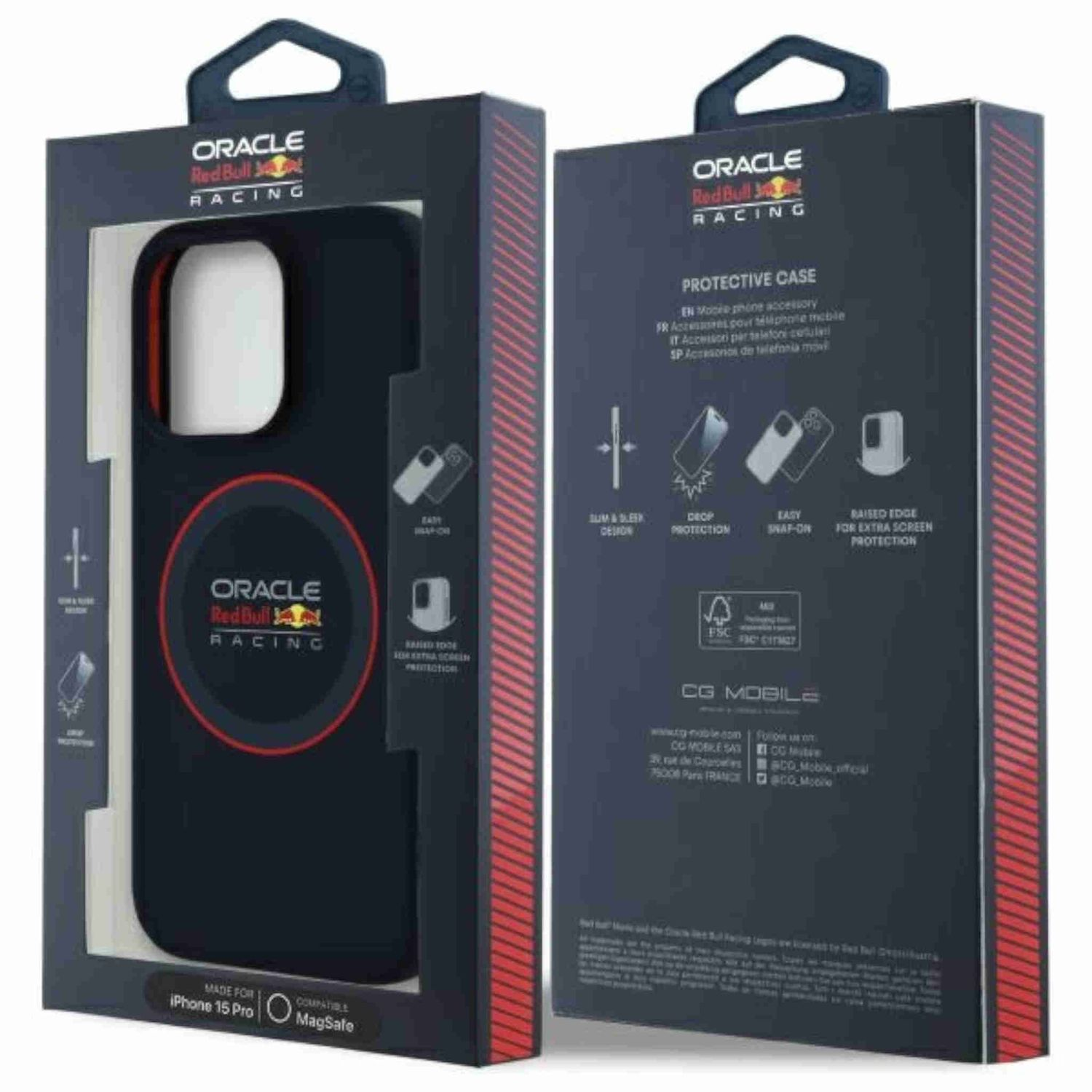 Telefonhüllenverpackung mit Oracle Red Bull Racing Branding, die Hülle und ihre Eigenschaften zeigt.